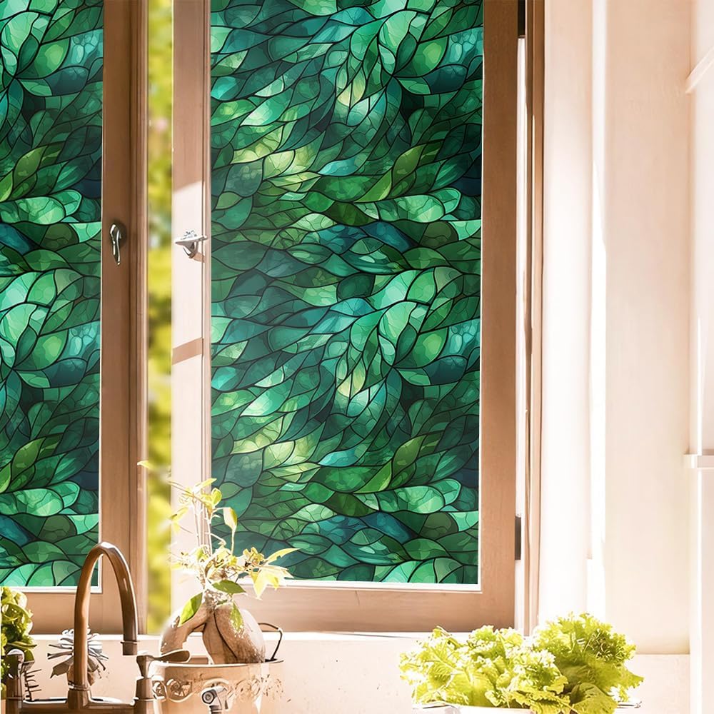 16“x118 Green Stained Glass Modern Double Side Window Films Art Decorative Window Privacy Tinting Film Self-Adhesive Static Glass Window Clings Stickers for Living Room Bathroom Glass Windows Decor