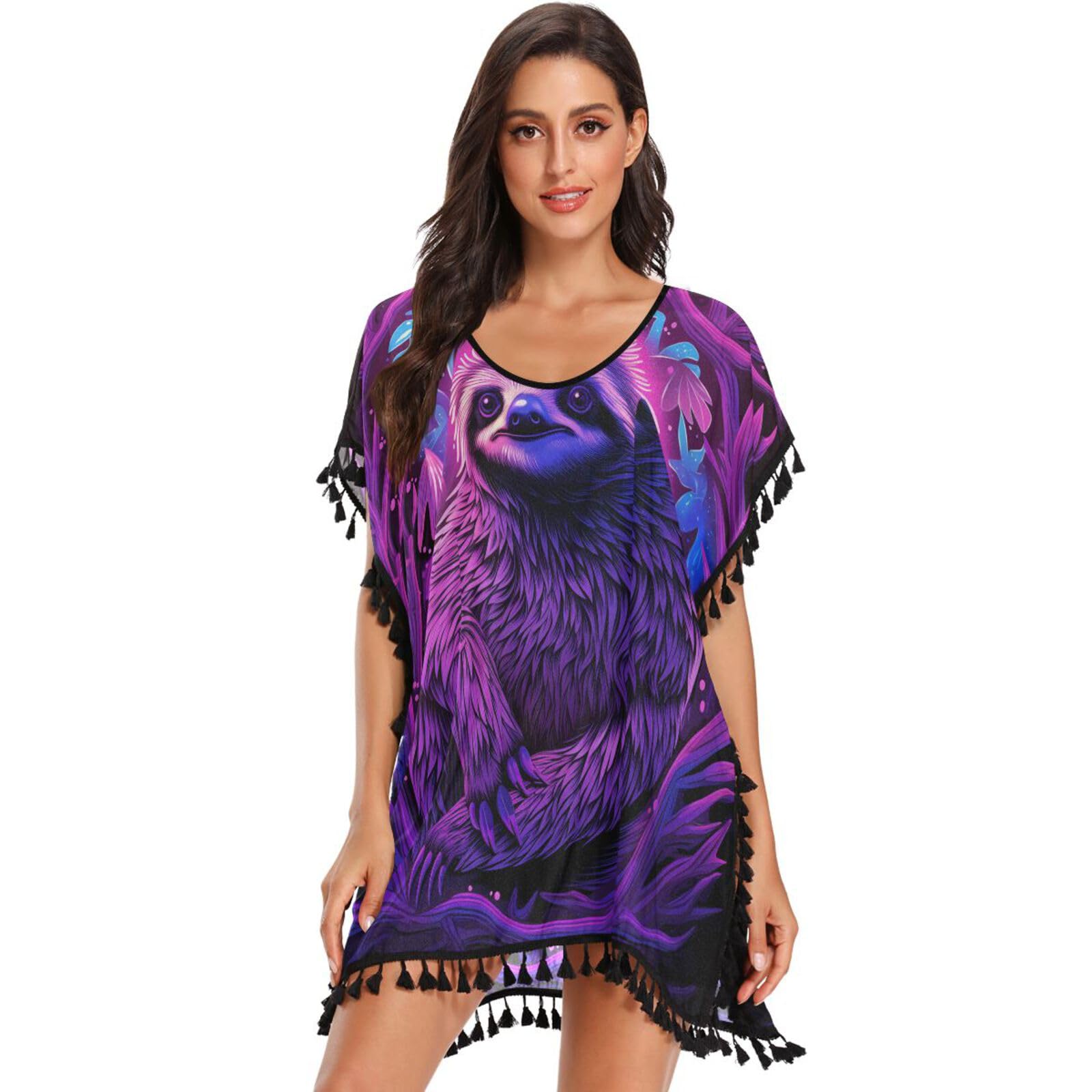 Abstract Purple Sloth Women's Beach Cover Up Chiffon Tassel Swimwear Swimsuit Coverups for Girl