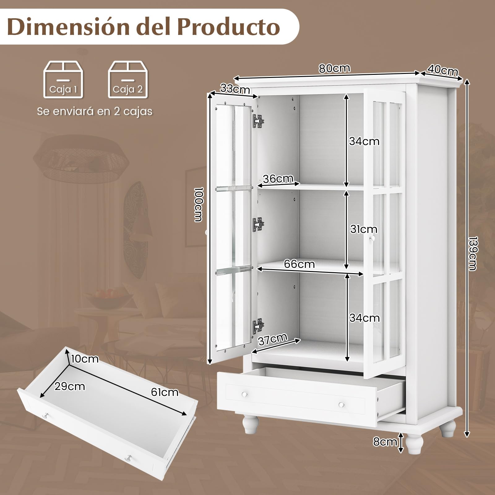 COSTWAY Vitrinas para Salon, Libreria con Puertas de Vidrio Templado, 3 Estantes Ajustables, 1 Cajón, Aparador Salon Cocina Oficina, Blanco, 80 x 40 x 139 cm