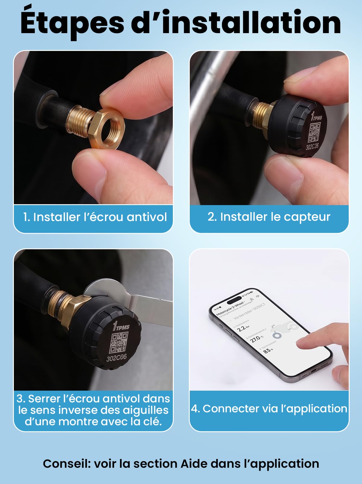 Système de Surveillance de la Pression des Pneus TPMS Capteurs de Pression des Pneus sans Fil pour Moto et Voiture avec Application Fonction D'alarme de Température de (4PCS)