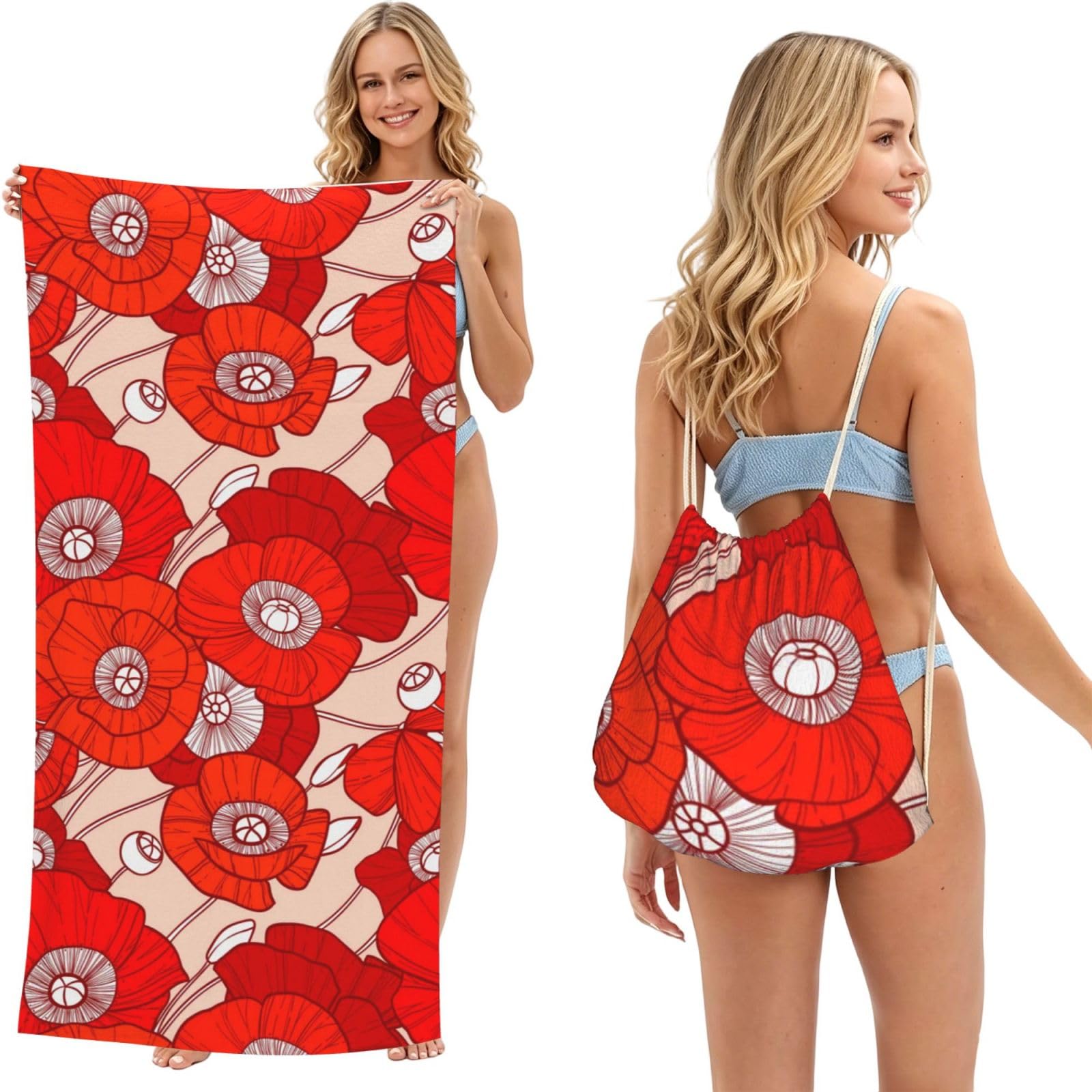 Poadnly Bright Red Flower, 2 in 1 Packable Towel Bag, Beach Towels with Drawstring Backpack for Travel Holiday Camping