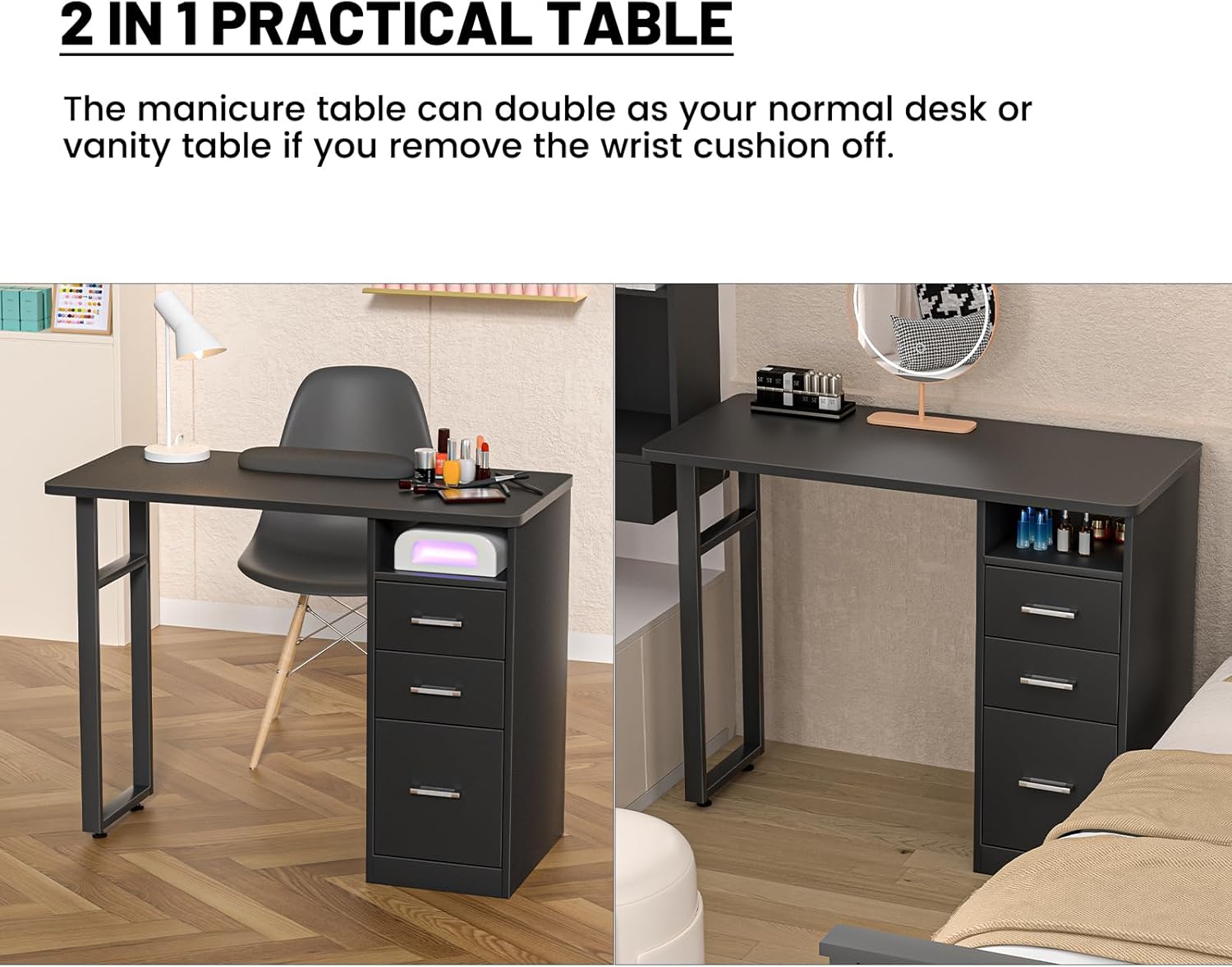 Nail Desk Acetone Resistant Manicure Table Station Black Desk w/Wrist Cushion, Drawers & Cabinets