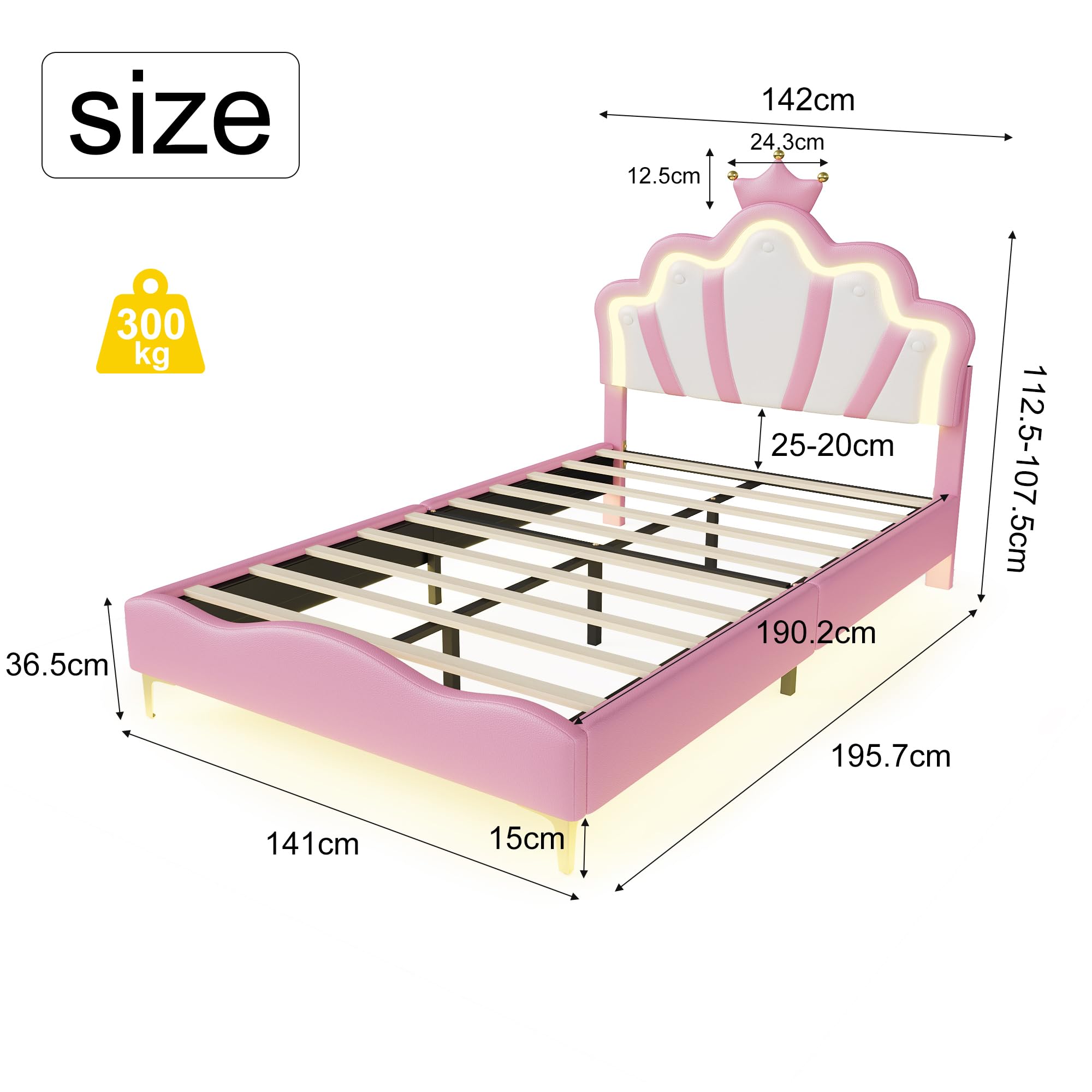 Lit Enfant 140x190 en Forme de Couronne Princesse, Lit avec LED et Tête de Lits Réglable, Cadre Lits 1 Place en Nuages pour Ado, Rose PU