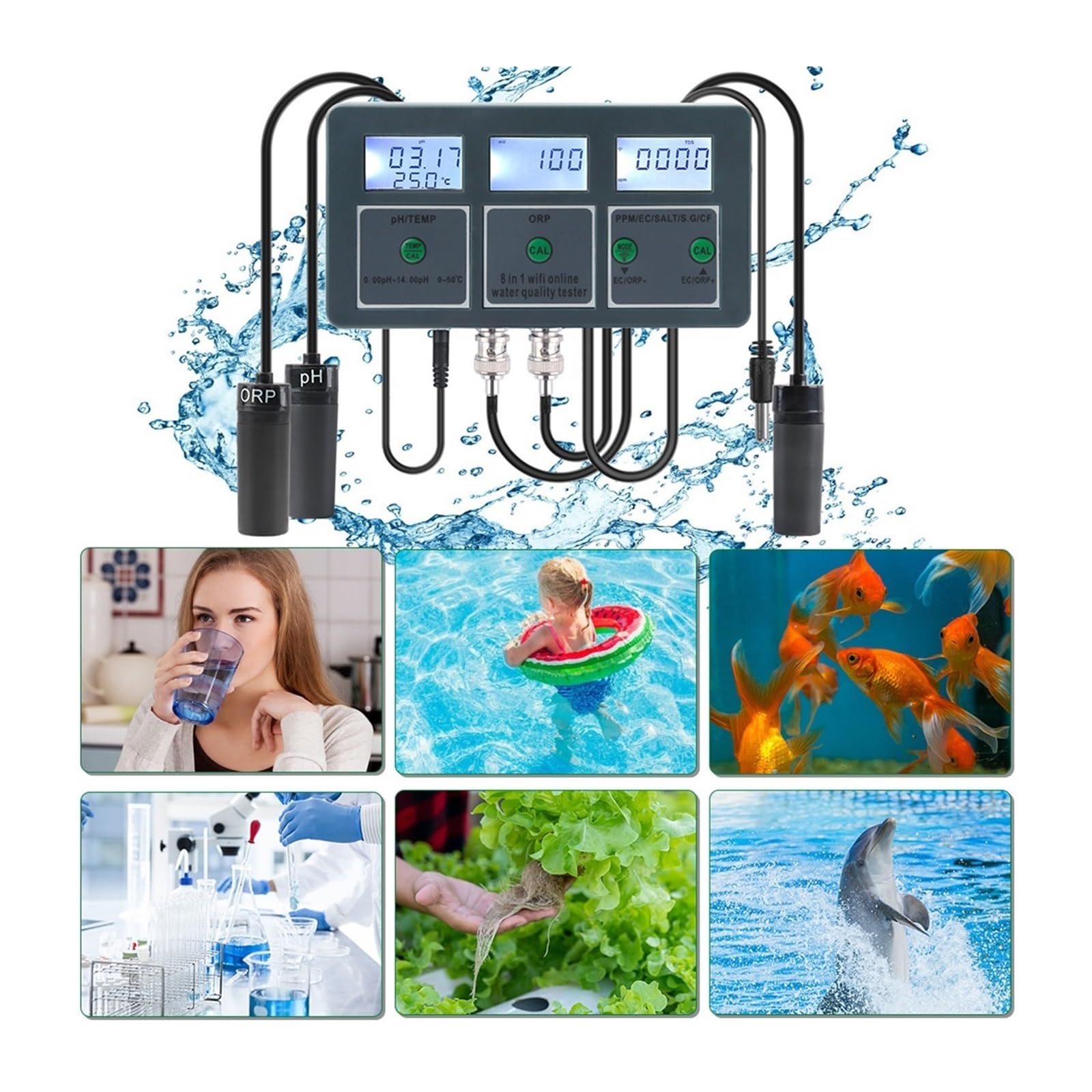 Kit de análisis de suelo, Medidor de calidad del agua for acuario Tuya con WiFi 8 en 1, medidor intelinte de pH, ORP/TDS/EC/SALT/TEMP, monitor for agua potable y piscina.