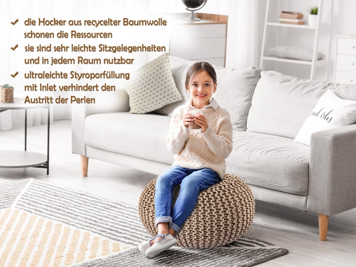 Strickhocker Pouf Ø45 o. 55cm Bodenkissen Sitzpouf XXL Baumwolle nachhaltig Größe ø 55 cm, Farbe beige
