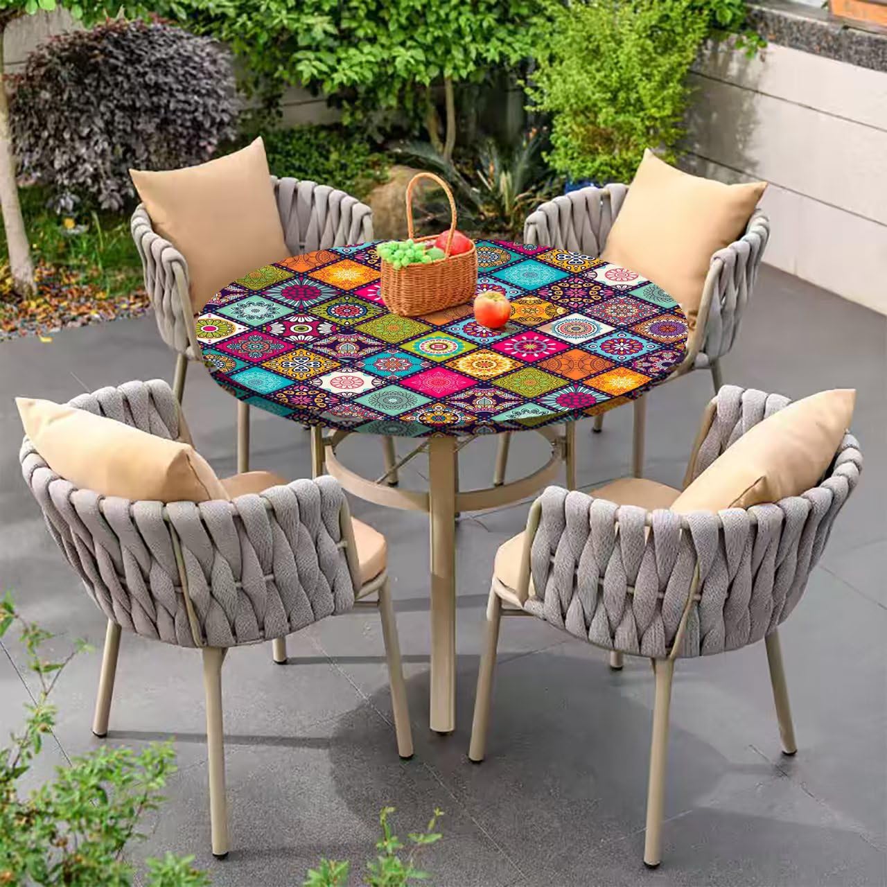 Boho Tischdecke Rund, Outdoor Tischdecke Abwaschbar Rund, Elastisch Gartentischdecke Wetterfest Tablecloth mit Gummizug für Balkon, Garten (Style 2,120cm)