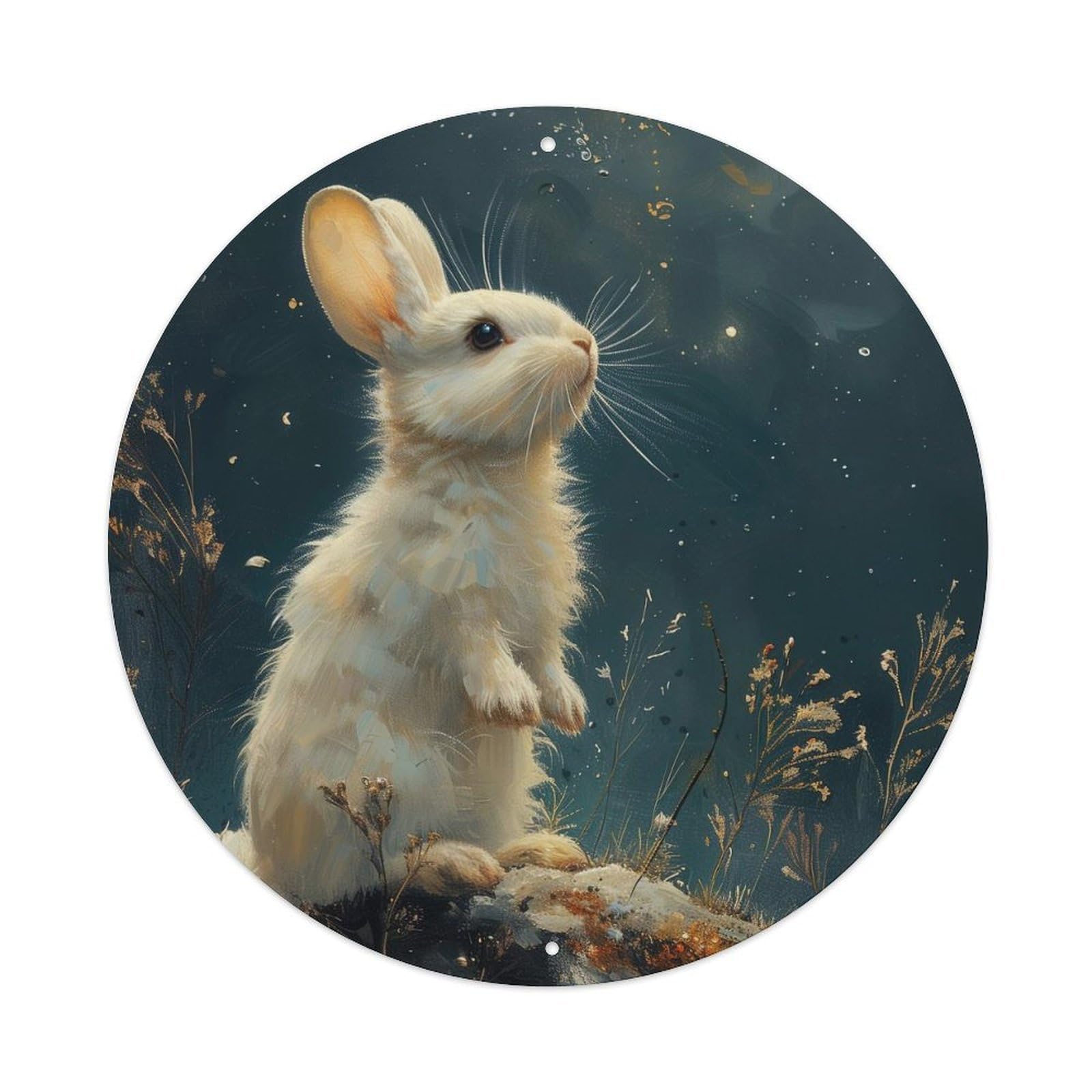 Animal Poster Moonlight Bunny Vintage Metal Tin Sign Plaque Wall Decor for Cafe, Club, Garden Round Metal Poster 8x8Inch