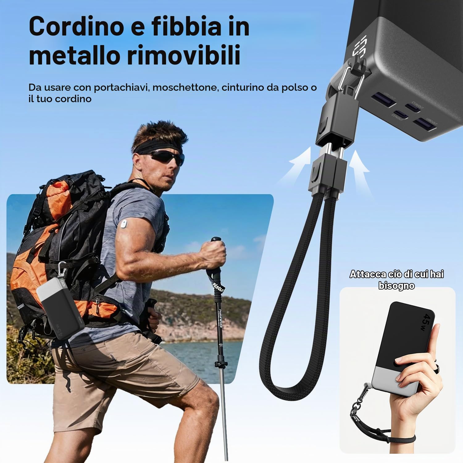 NOBIS Power Bank 20000mAh 45W Caricatore Portatile con Cavo C-C Staccabile | Powerbank con Ricarica Rapida, Display Digitale e 4 Porte (2 USB-C + 2 USB-A) per iPhone, Android e Tablets