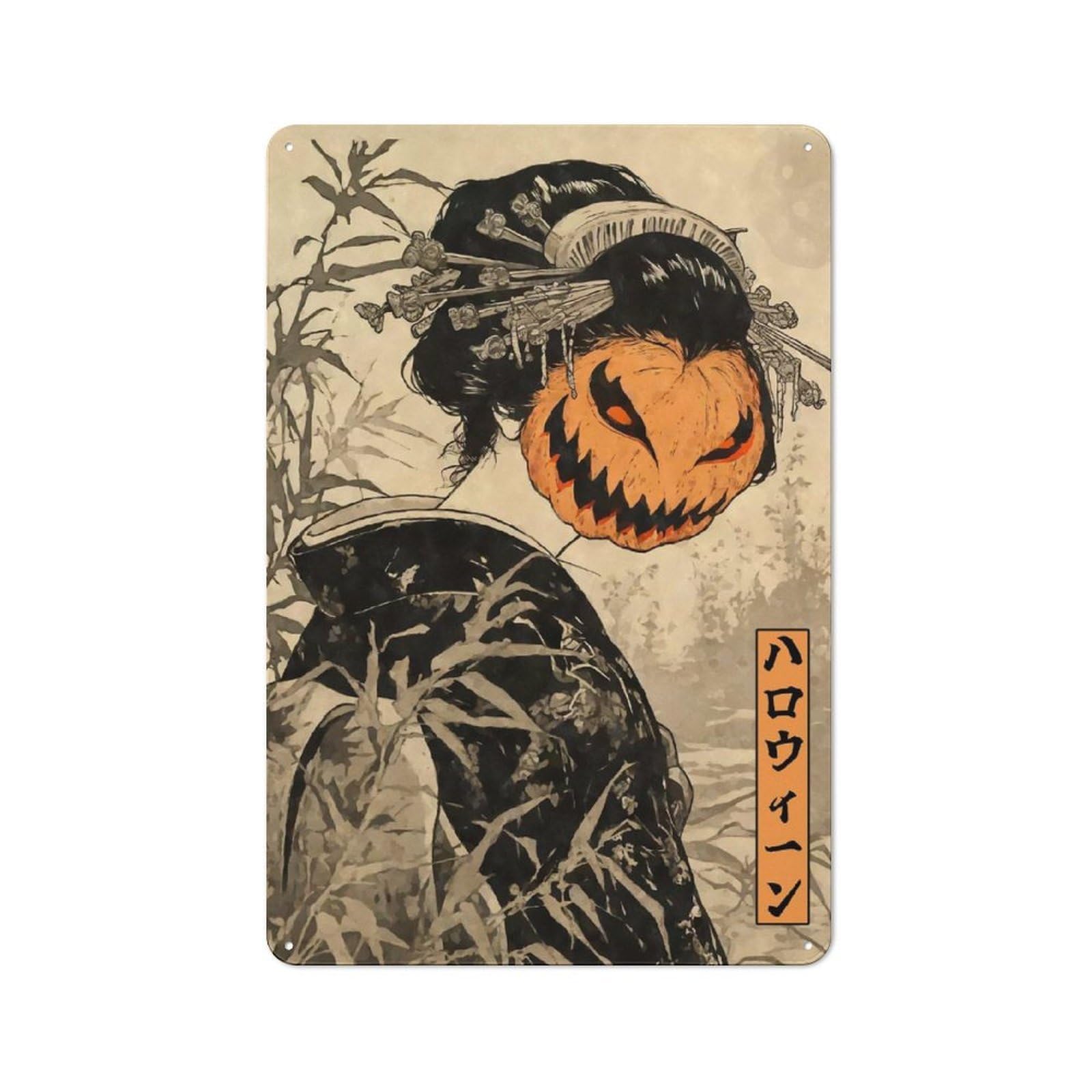 Junmoney Geisha Pumpkin Mask Halloween Metal Sign 30X20cm With For Workshop Wall, Vintage Decor, A Decorative Christmas Gift For Metal Sign Collectors