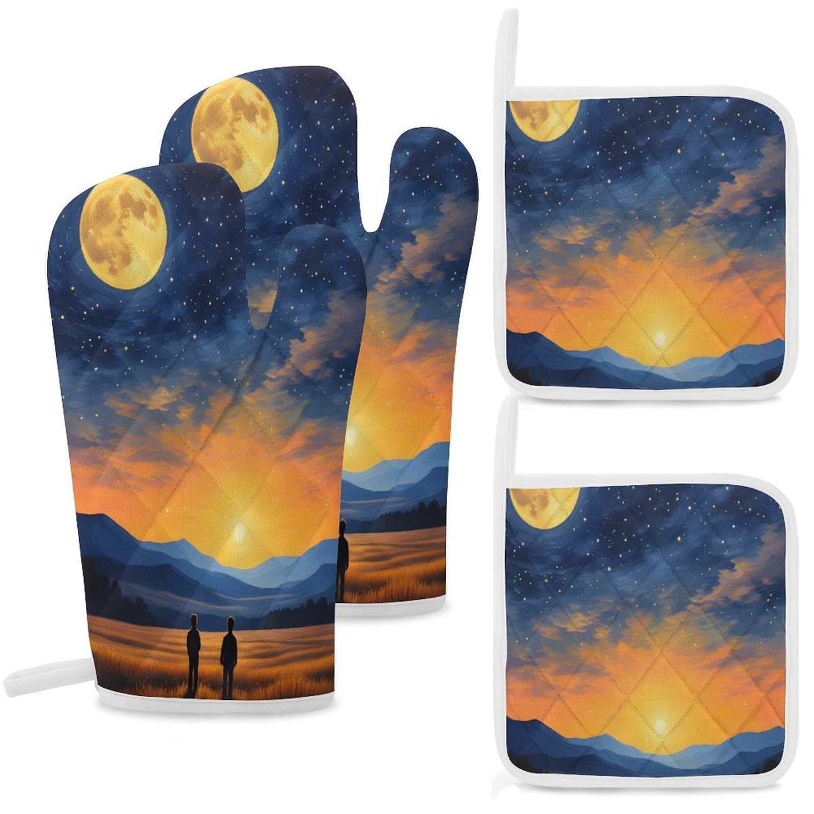 Twilight & Moonlight Gaze Print Oven Mitts And Pot Holders Sets 4 Piece | Stylish Heat Resistant Oven Gloves & Durable Potholders for Cooking, Baking, BBQ