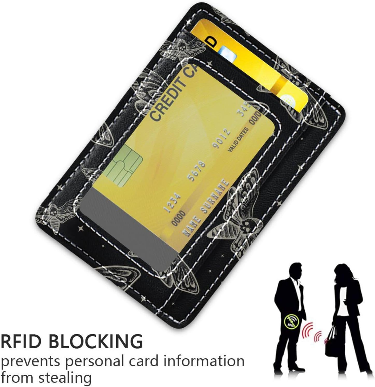 Slim Minimalist Wallet Gothic Skull Butterfly Moth RFID Blocking Leather Credit Card Holder Front Pocket Card Cases with ID Window for Men & Women - Image 3