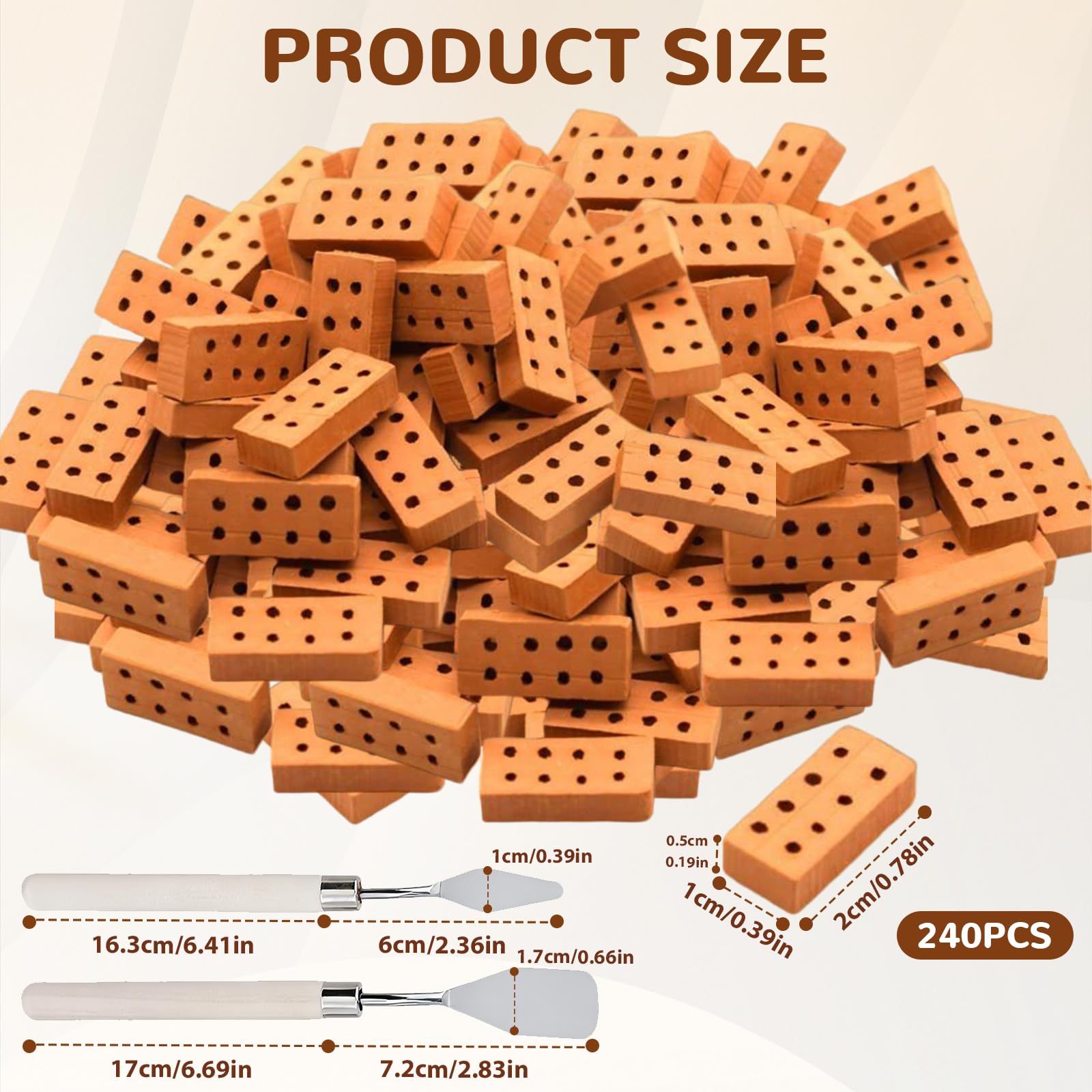 240 sztuk czerwonych mini cegieł, 2 x 1 x 0,5 cm, miniaturowe cegły | 8 otworami, 2 skrobaki, model cegły, do murowania, do samodzielnego budowania, domku dla lalek, do ogrodu, ornamentu, domu