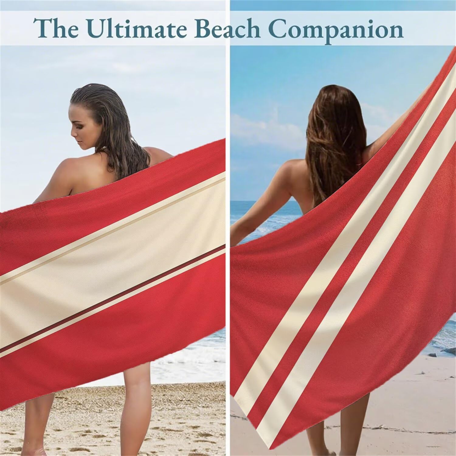 Serviette de Plage 90x200cm, Rouge Serviette Microfibre Lot de 2 Bande Motif Ultra Absorbantes Séchage Rapide Anti Sable Légère Drap de Plage avec Bouton Pression Design pour Piscine Voyages, Model611