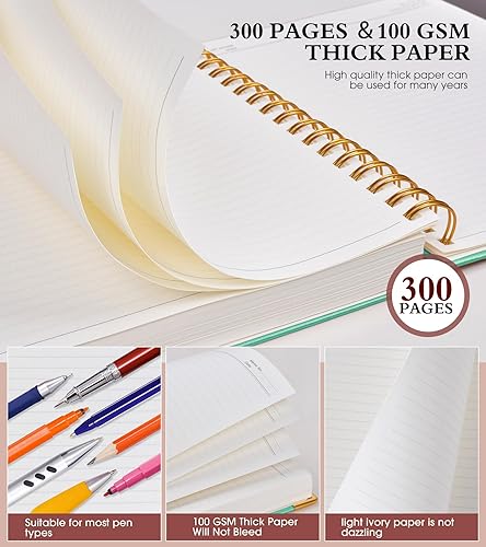 Miniatura 4 de Cuaderno de espiral de 8.5 x 11 pulgadas, 300 páginas de tapa dura con forro de cuero para mujeres y hombres, cuadernos A4 grandes con rayas