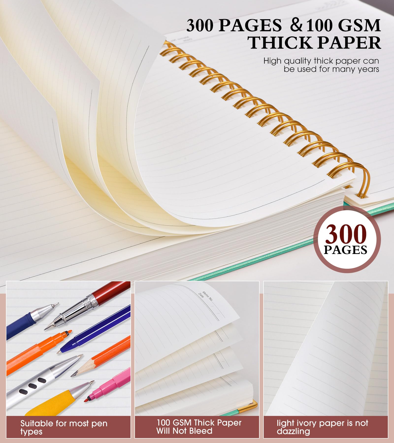 Carnet à spirale 21,6 x 27,9 cm, 300 pages avec couverture rigide et ligné en cuir pour homme et femme, format A4 avec papier épais de 100 g/m², journal à spirale pour écriture, travail, école, bleu