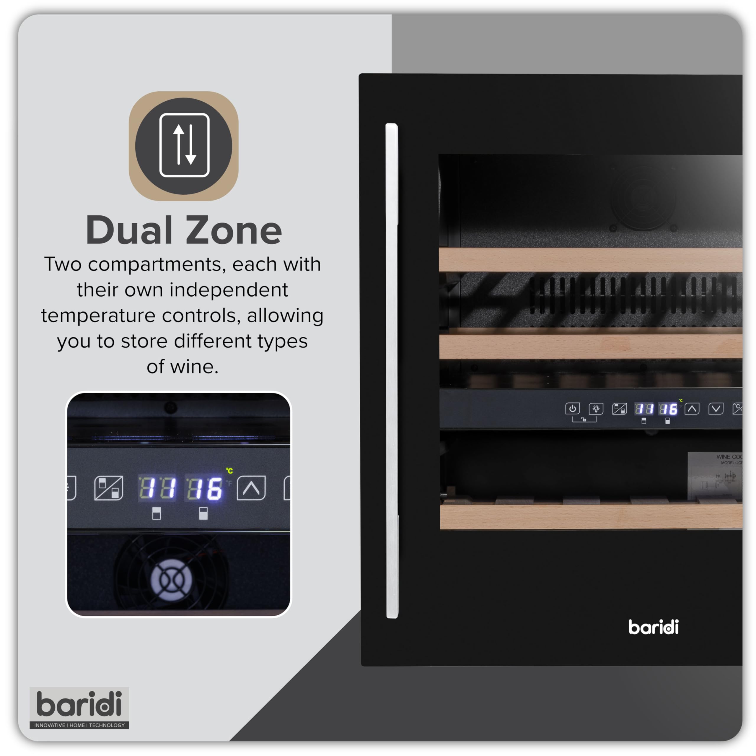 Dellonda Baridi 60cm Built-In 36 Bottle Wine Cooler with Beech Wood Shelves and Internal LED Light, Black - DH117 — view 4