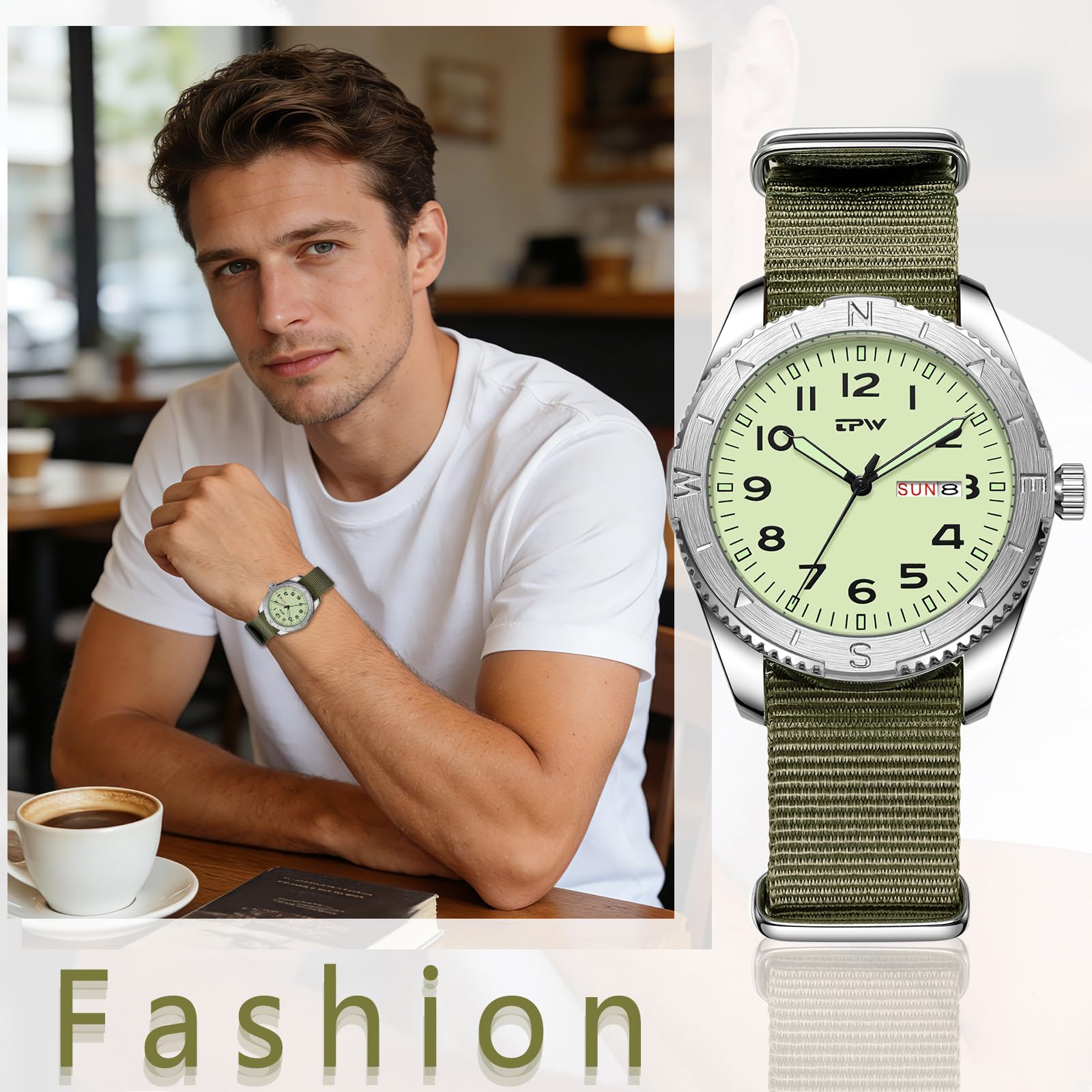 OIDEA Reloj Táctico Hombre Cuarzo: Correa Nylon Negro, Esfera Negro, Grandes Números Árabes, Fecha Semana, Agujas Luminosas, Bisel Giratorio, Estilo Military Field