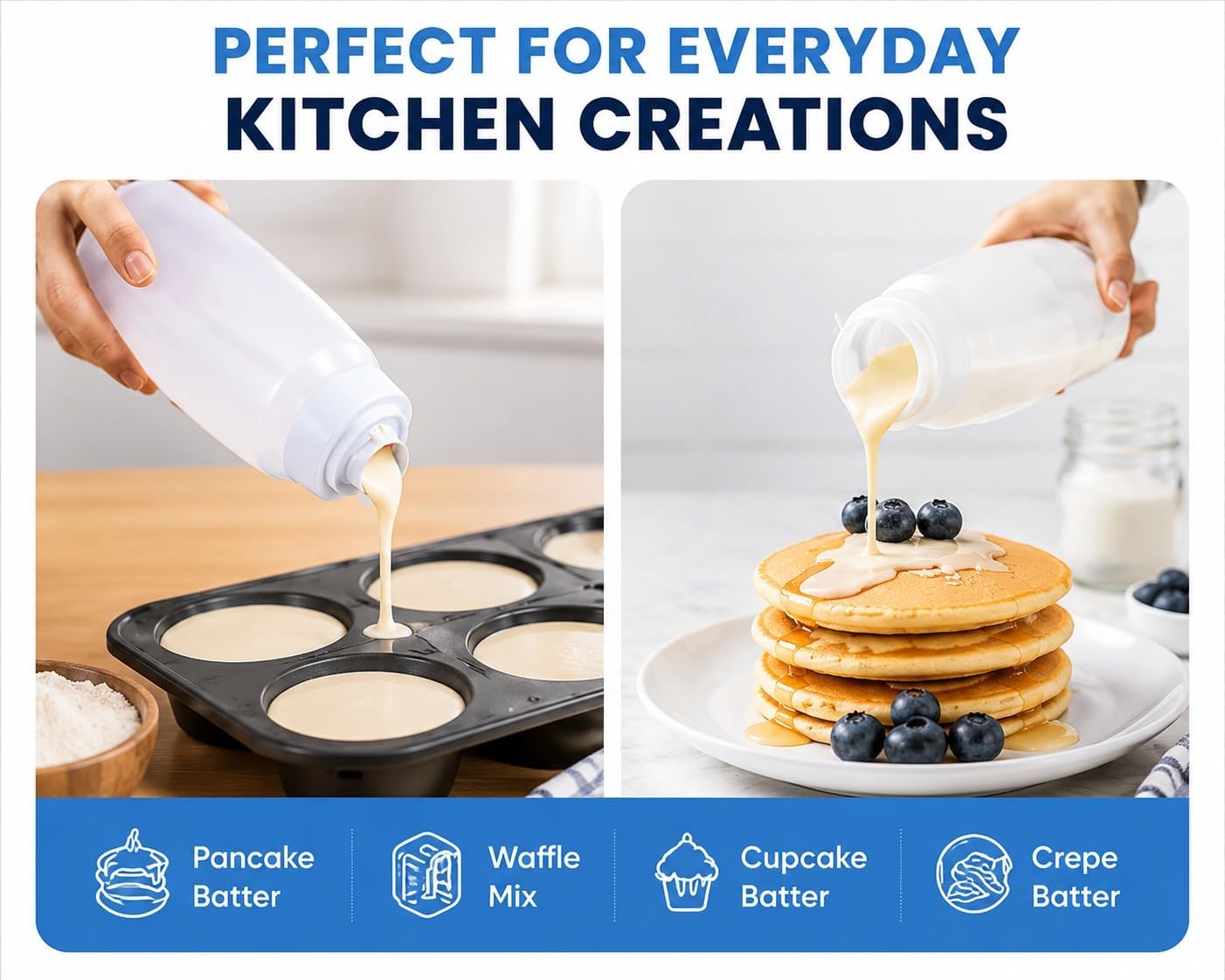 2 Pcs Pancake Batter Dispenser with Mixing Ball – 1000ml Easy Pour Pancake Squeeze Bottle with Stainless Steel Wire Whisk Ball for Cupcakes, Waffles, Muffins & Kitchen Baking Tool