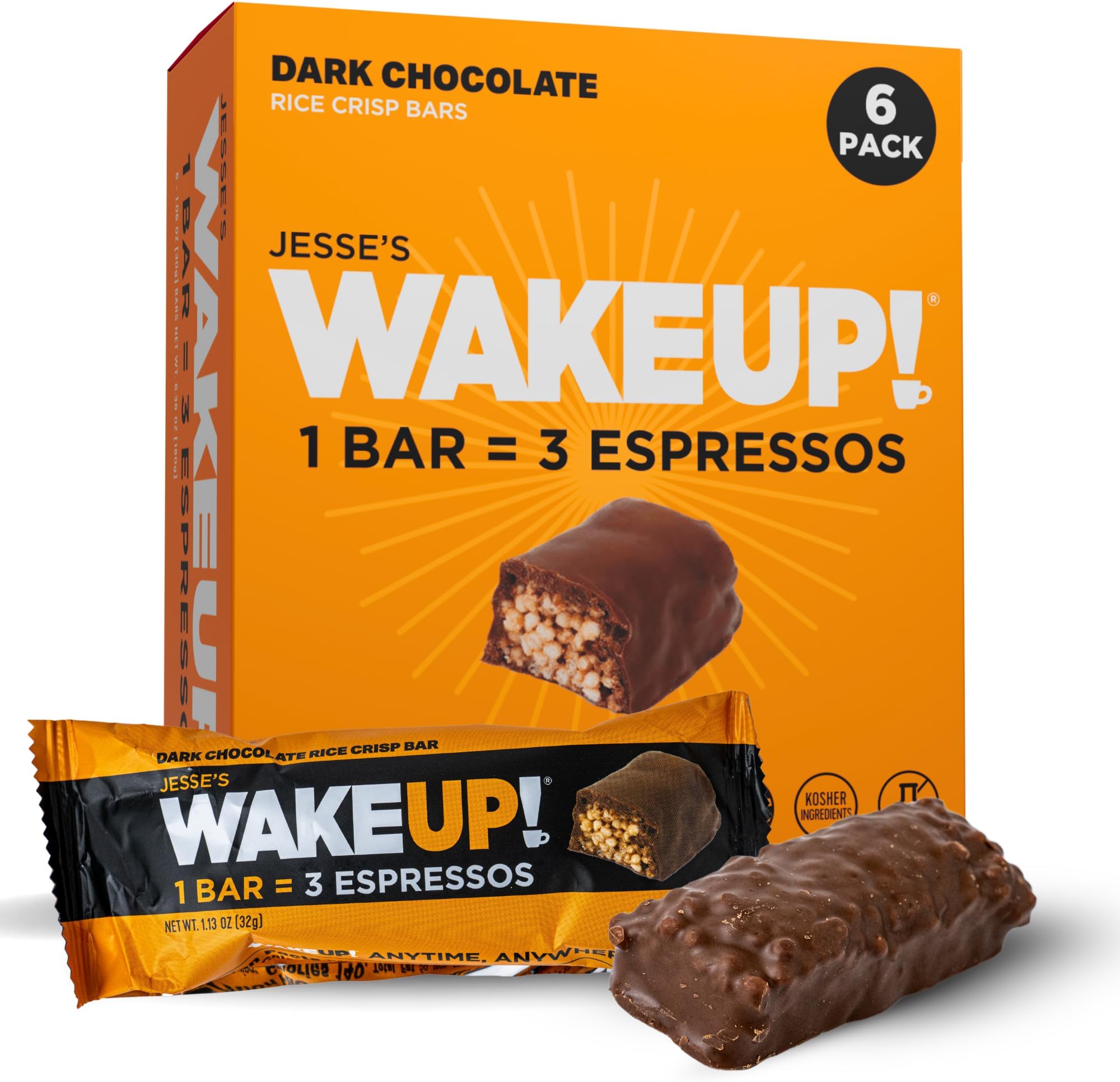 Wake UP! Protein Bars (1 Bar = 3 Espressos) Vegan, Gluten Free Dark Chocolate Energy Bar, 250mg Plant Based Caffeine Power Bar, Kosher, Non GMO, Dairy, Egg & Soy Free, Boost Focus, Clarity & Energy