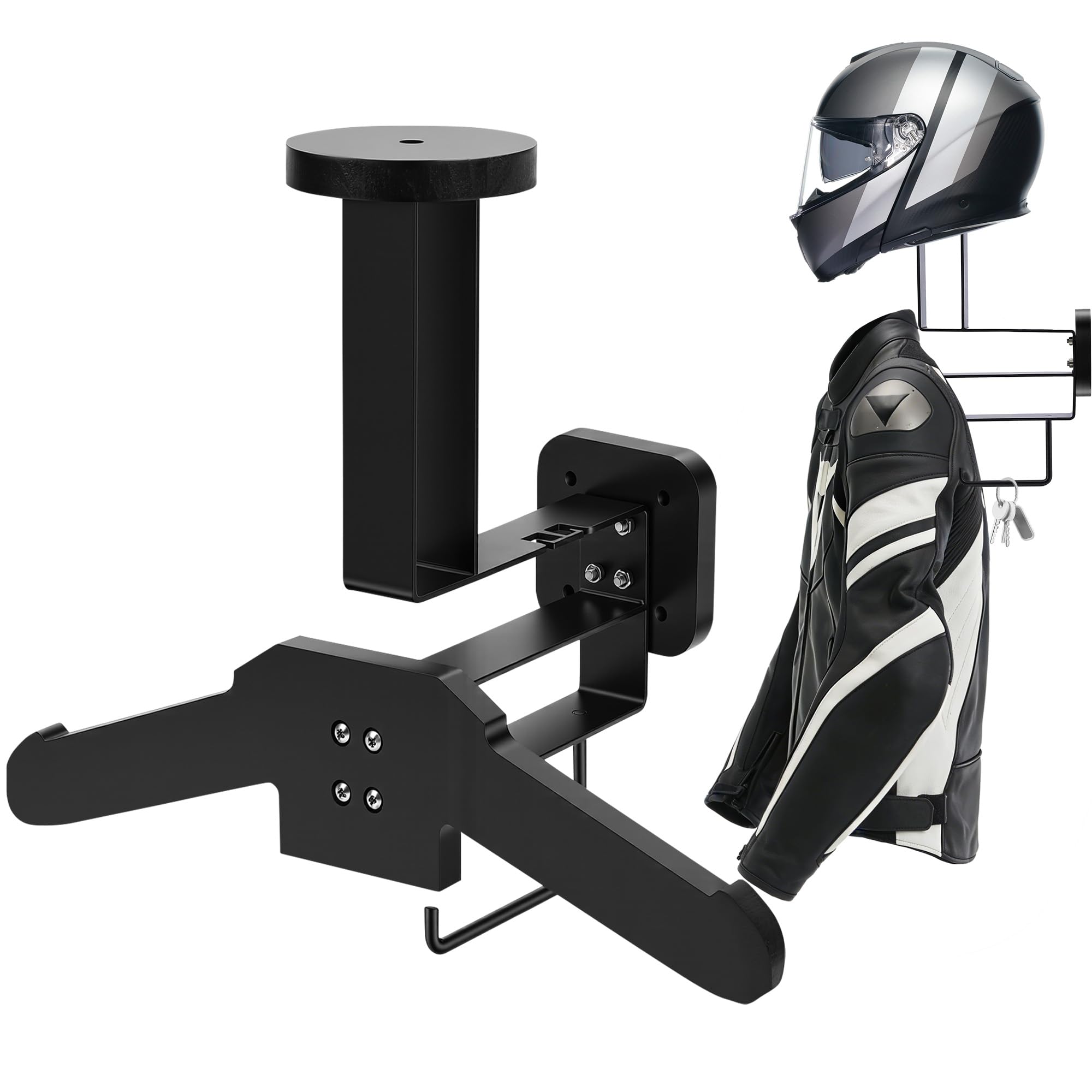 MEKOTRIN Motorbike Helmet Holder Wall Mount, Heavy Duty Motorcycle Gear Rack Helmet Stand with Multifunctional Hook, Wall Hanger Organizer for Motorcycle Football, Rugby & Sports Gear Storage, Black