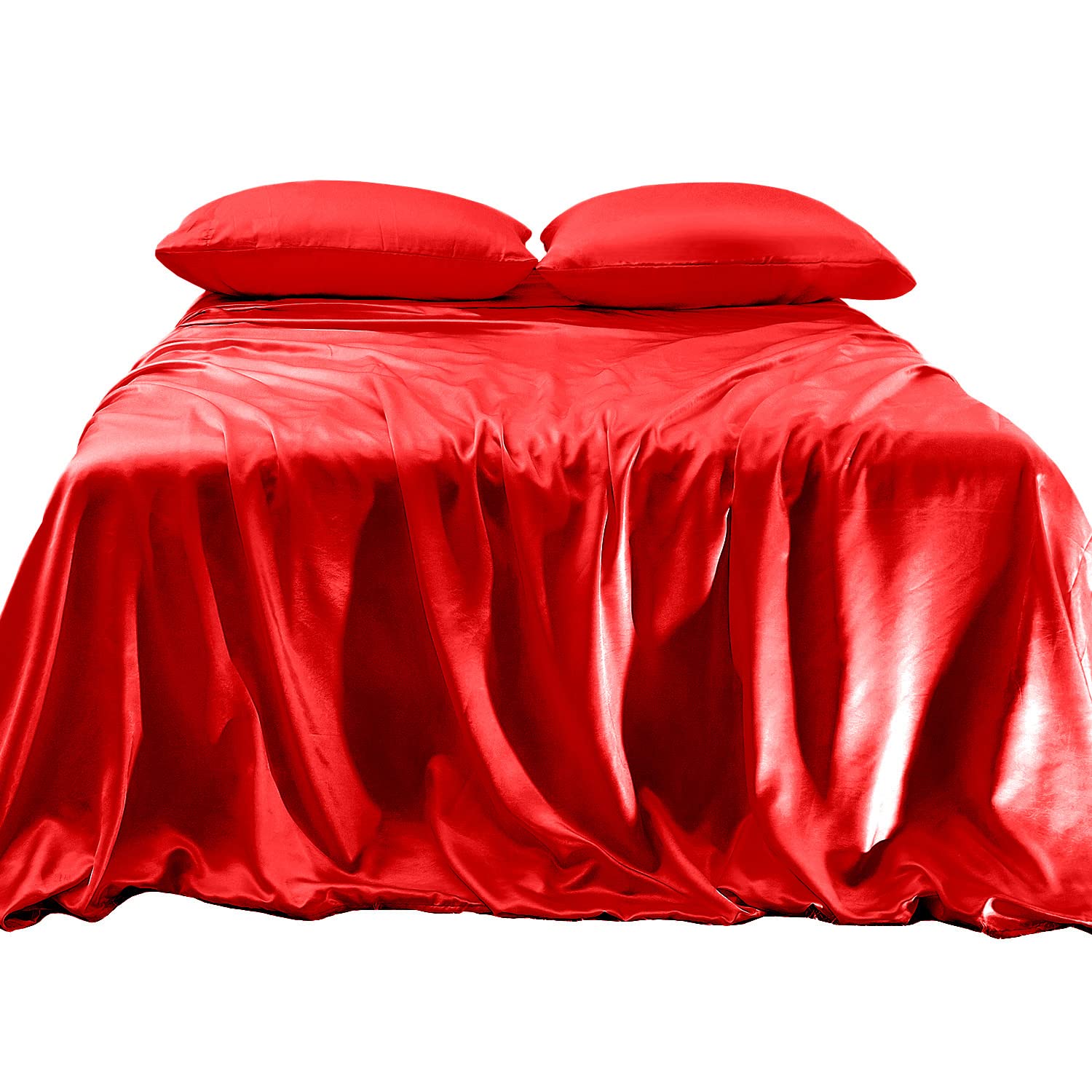 Elegant Comfort Luxurious 4-Piece Silky Satin Sheet Set, Skin and Hair Friendly, Wrinkle, Fade, Stain Resistant with Deep Pockets Fitted Sheet, Cooling Soft Satin Sheet Set, Twin XL, Red