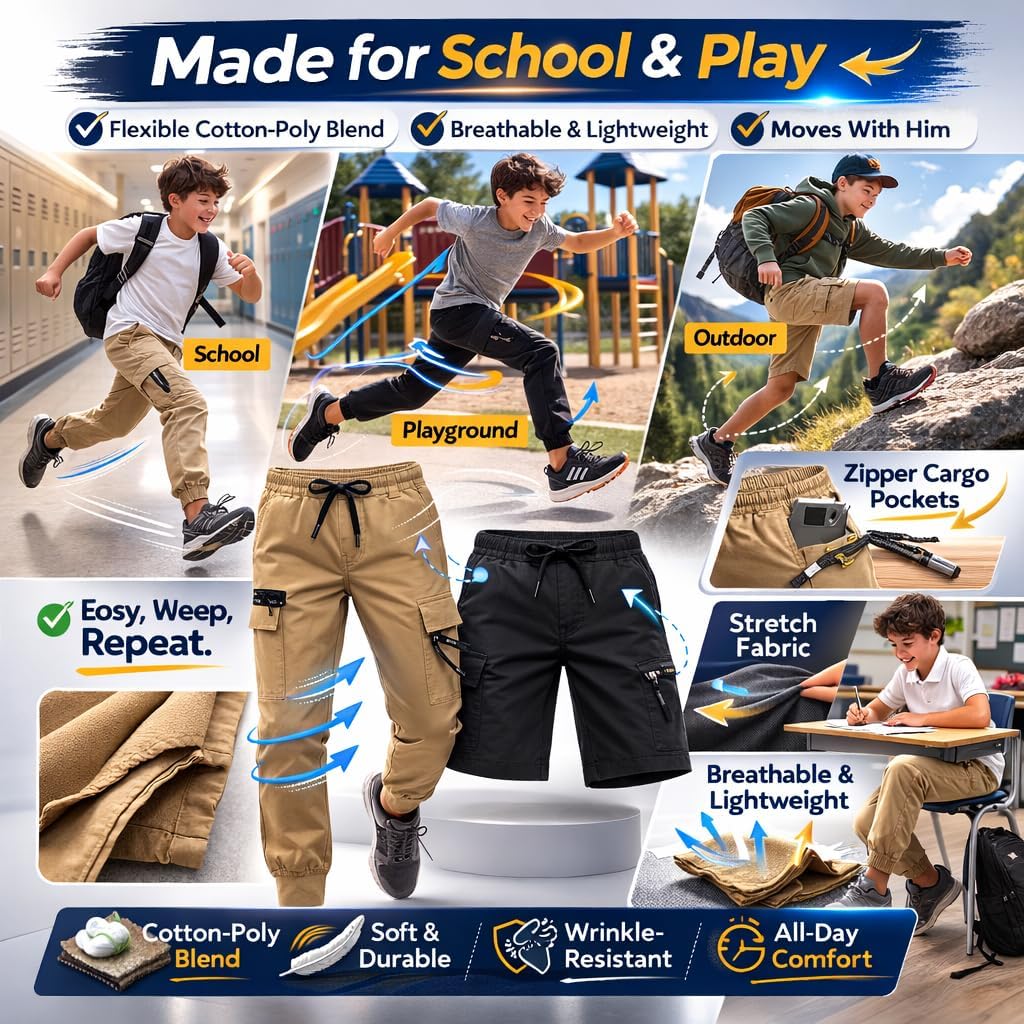 INGEAR Boys Cargo Jogger Pants, Elastic Waist, Zipper Pockets, Casual School Trousers - Image 5