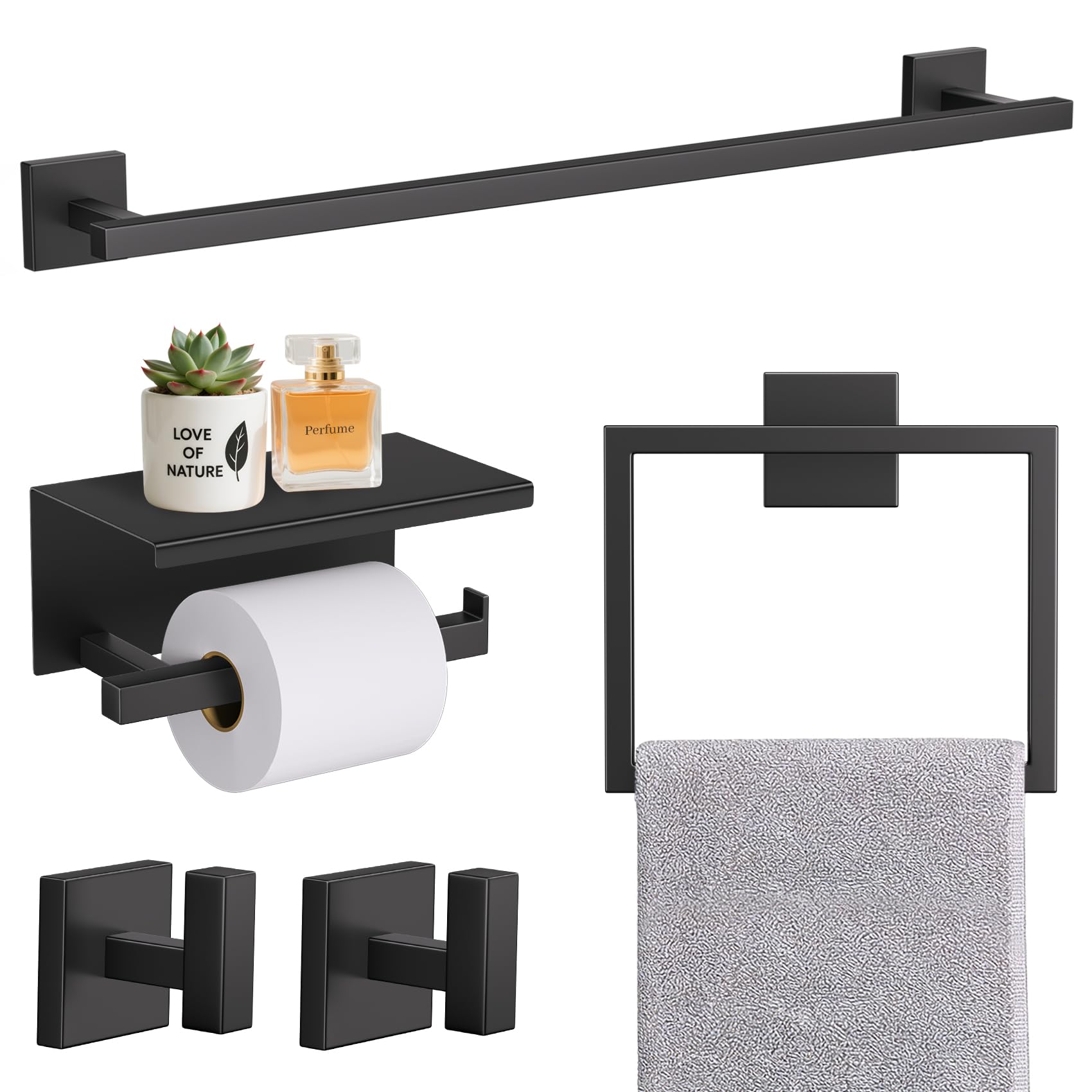 Porte-serviettes carré mural 60 cm et étagère de douche TURS noir mat