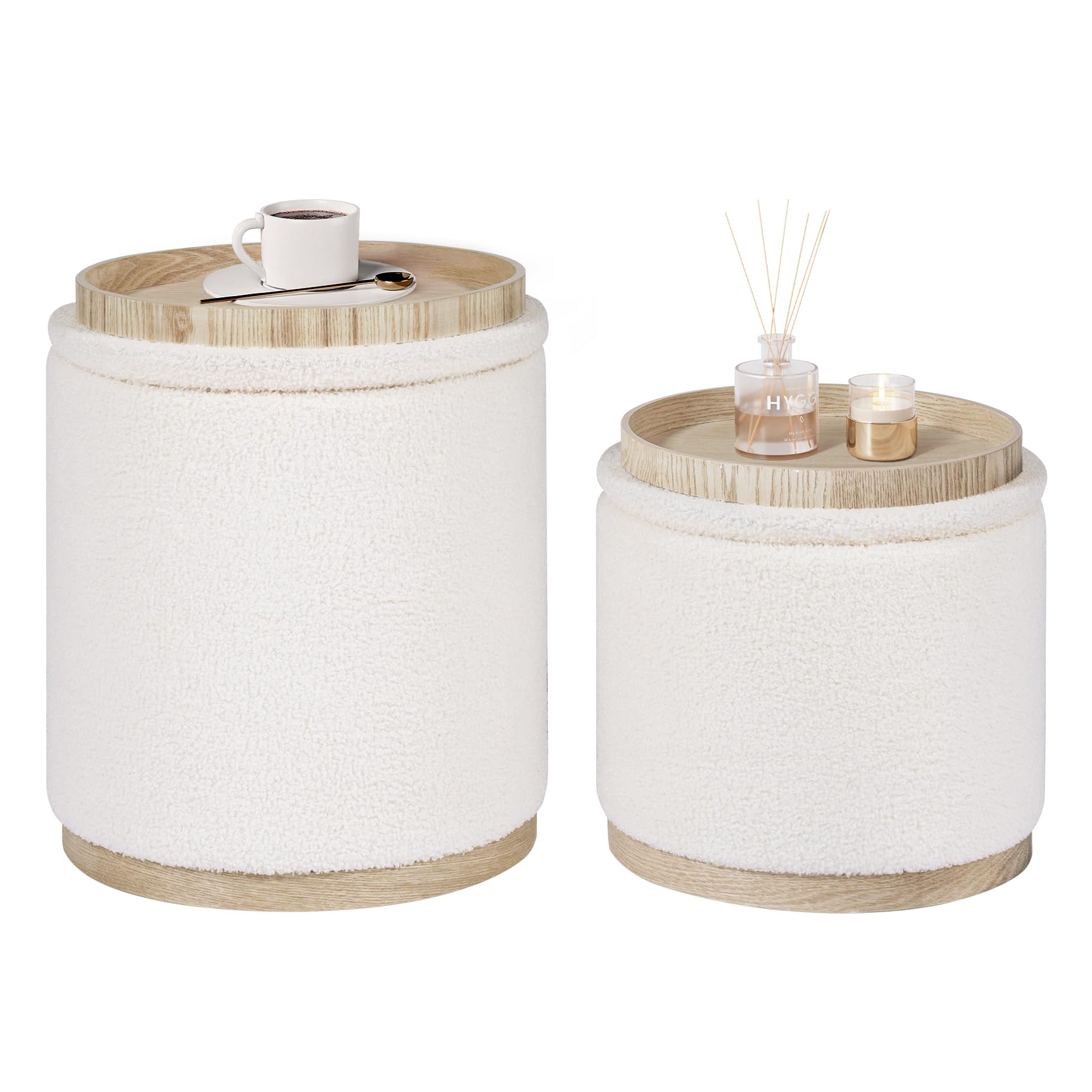 Bonlife Round Cream Ottoman with Storage Set of 2,Makeup Vanity Stool Chair,Ottoman Coffee Table for Living Room,Bedroom,Dining Room,39x39x44cm