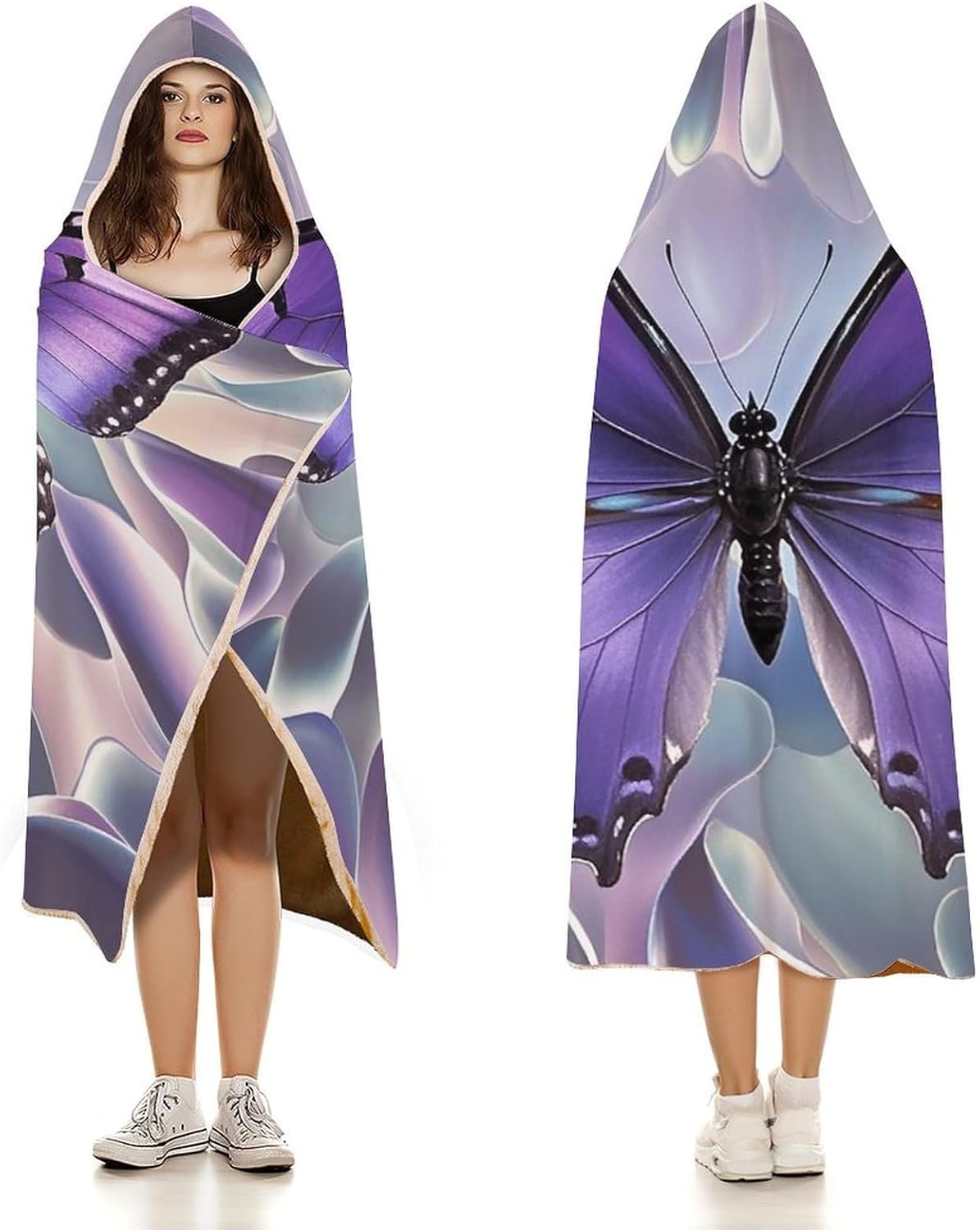 Beautiful Purple Butterfly Art Wearable Fleece Blanket with Hood for Men & Women Oversized Hoodie Blanket Soft Cozy Gift-