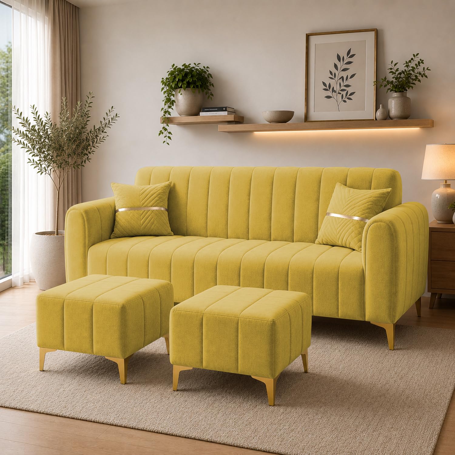 Casaliving Sandor 4 Seater L Shape Convertible Sofa Set for Living Room, 3 Seater & 2 Ottoman Modular Sectional Couch for Small Space (Yellow Colour) Fabric-image-16