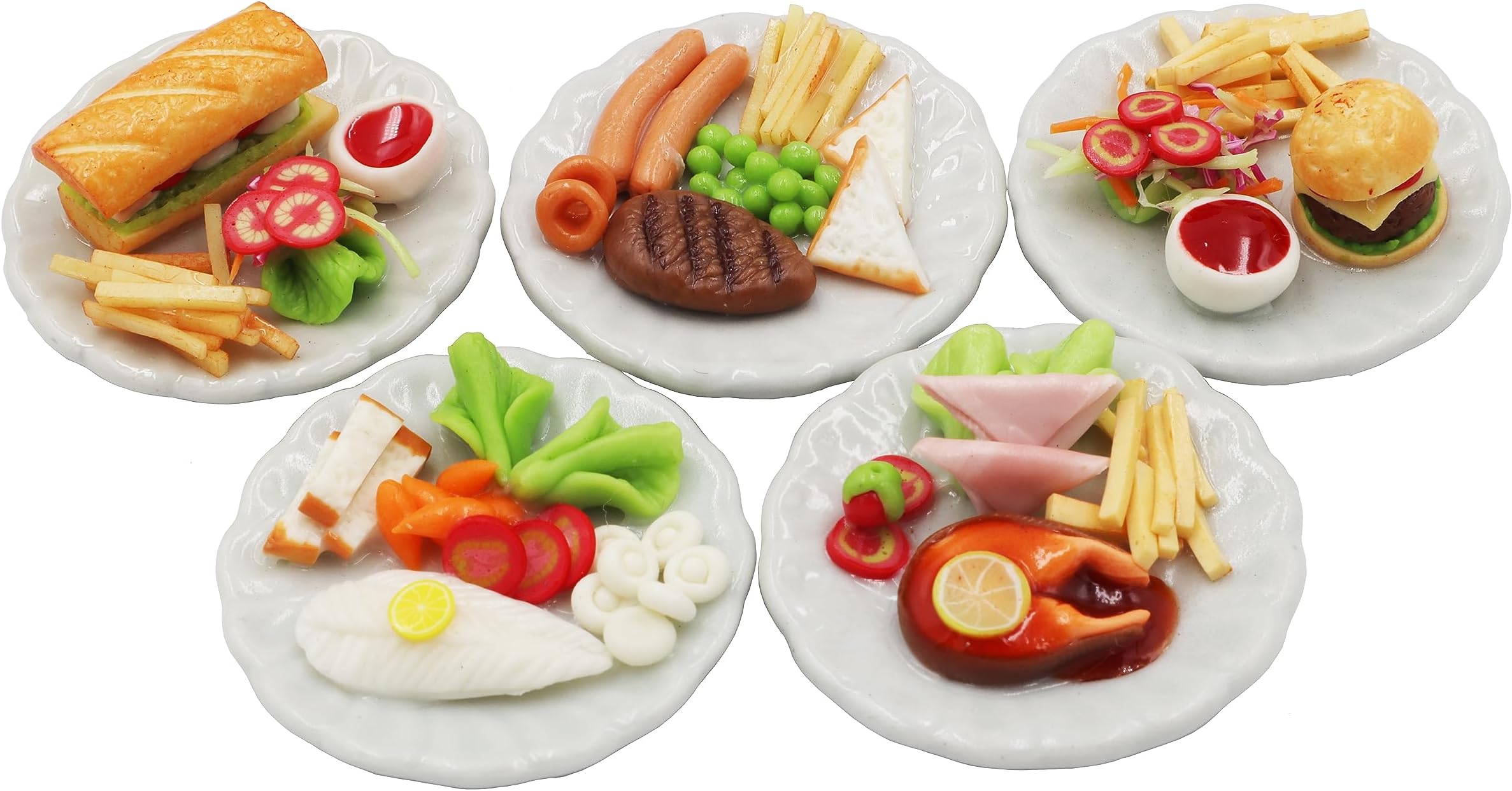5 Pcs Dollhouse Miniature Food Set – Handmade Clay Salmon Steak, Burger, Subway & Beef Steak on Ceramic Plates (1.3 Inch, 1/6 Scale) for Dollhouse Kitchen, Table Décor & Collectibles