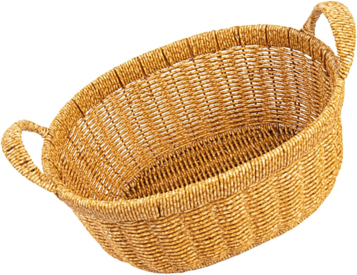 Simulated Rattan Tray Large Capacity Double Handles Handwoven Basket for Fruit Bread Snacks Storage Plastic Serving Tray for Picnic Home Kitchen Decor