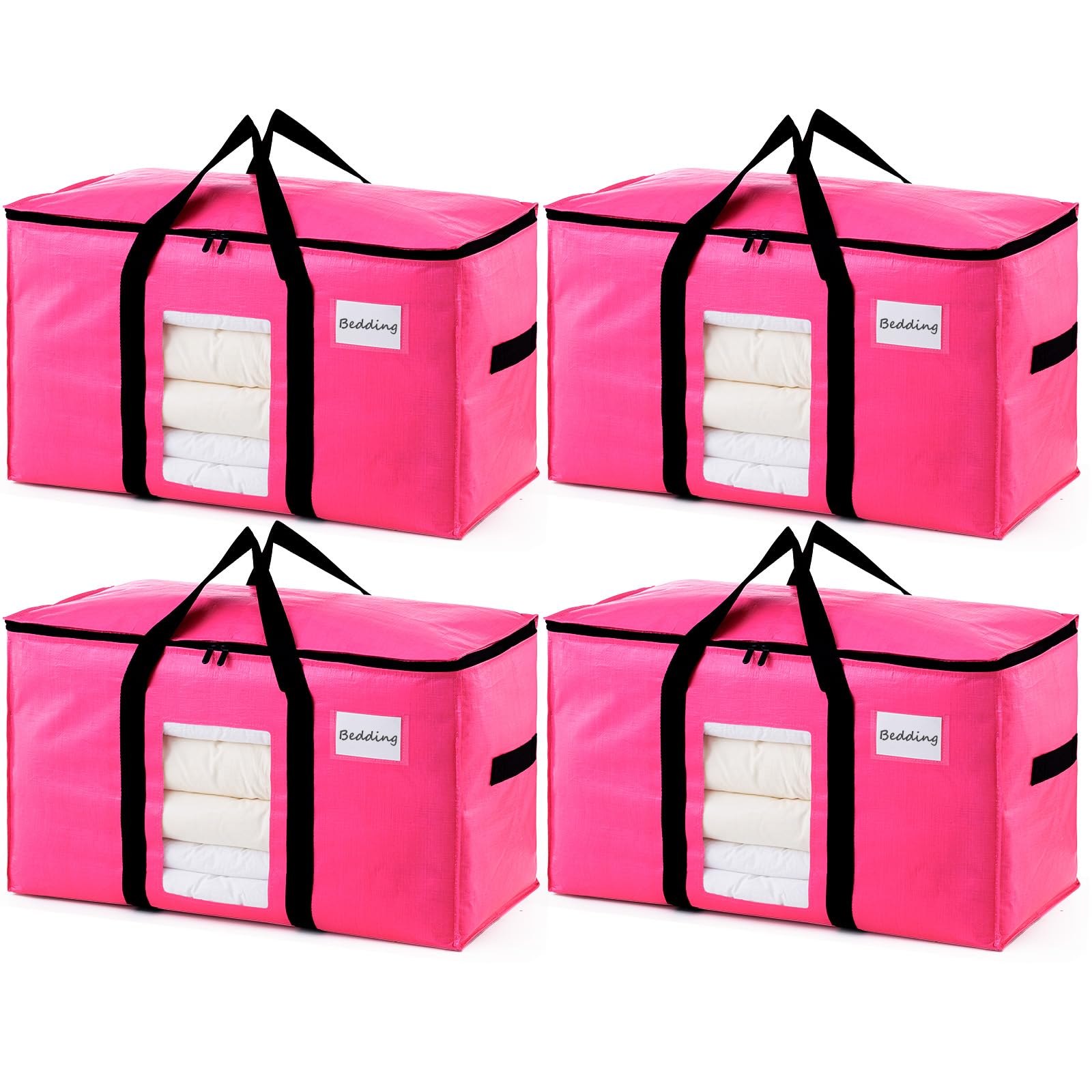 TAILI Moving Bags Extra Large,Reinforced Handles & Clear Window,Heavy Duty Storage Bags with Zips for Clothes,Beddings,Duvets,Travel,Camping,moving,Loft Storage(4 Pack pink)