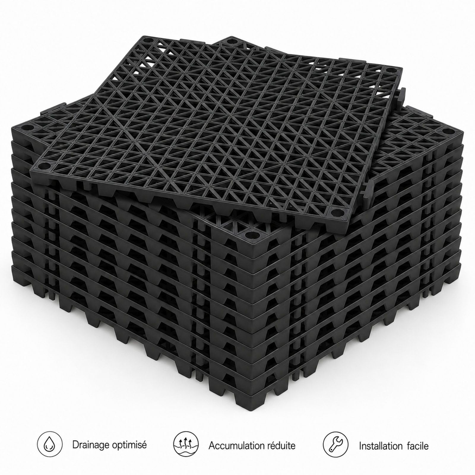 Lot de 12 dalles de sol en PVC noir, dalles clipsables ajourées pour jardin, piscine, terrasse, cuisine et salle de bain