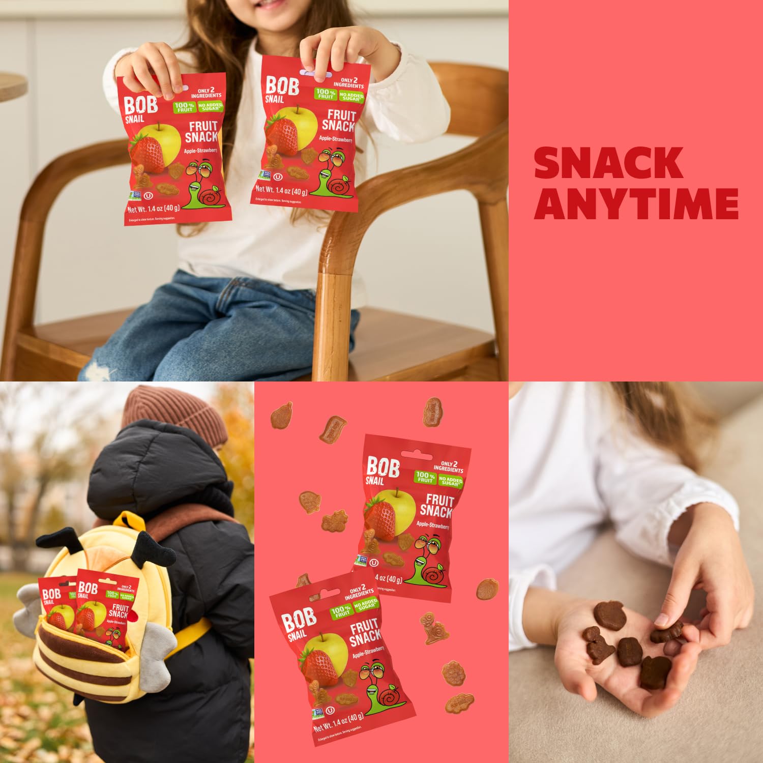 Bob Snail Fruit Gummy Bites – Apple Strawberry Flavor, 12-Pack (480g), Real Fruit Snacks with No Added Sugar, Vegan & Gluten-Free Mini Bites for Kids & Adults