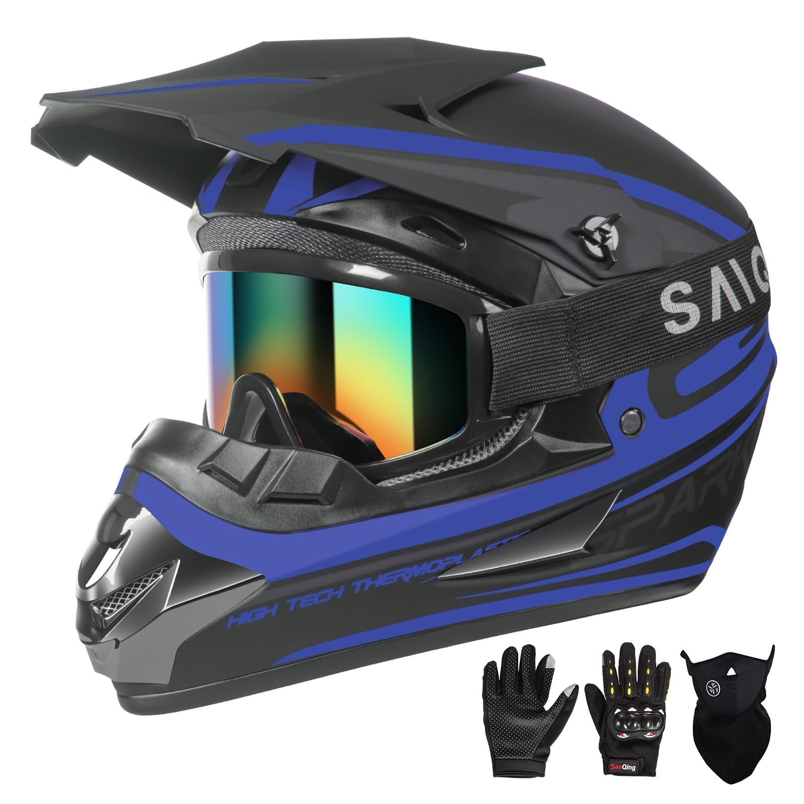 youth kids motocross helmet, adult atv dirt bike helmet, off-road bmx 4-wheeler full face motorcycle helmet w/goggles gloves & mask, dot approved, purple blue, m