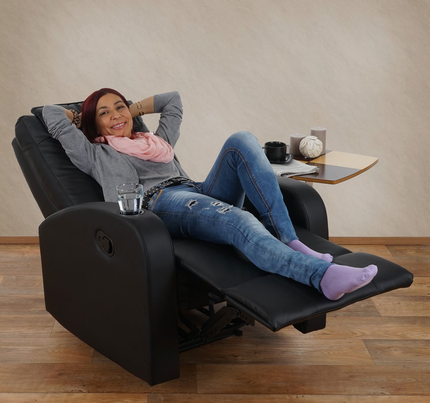 Mendler Fernsehsessel Durham, TV Sessel Relaxsessel Liegesessel, Kunstleder - schwarz