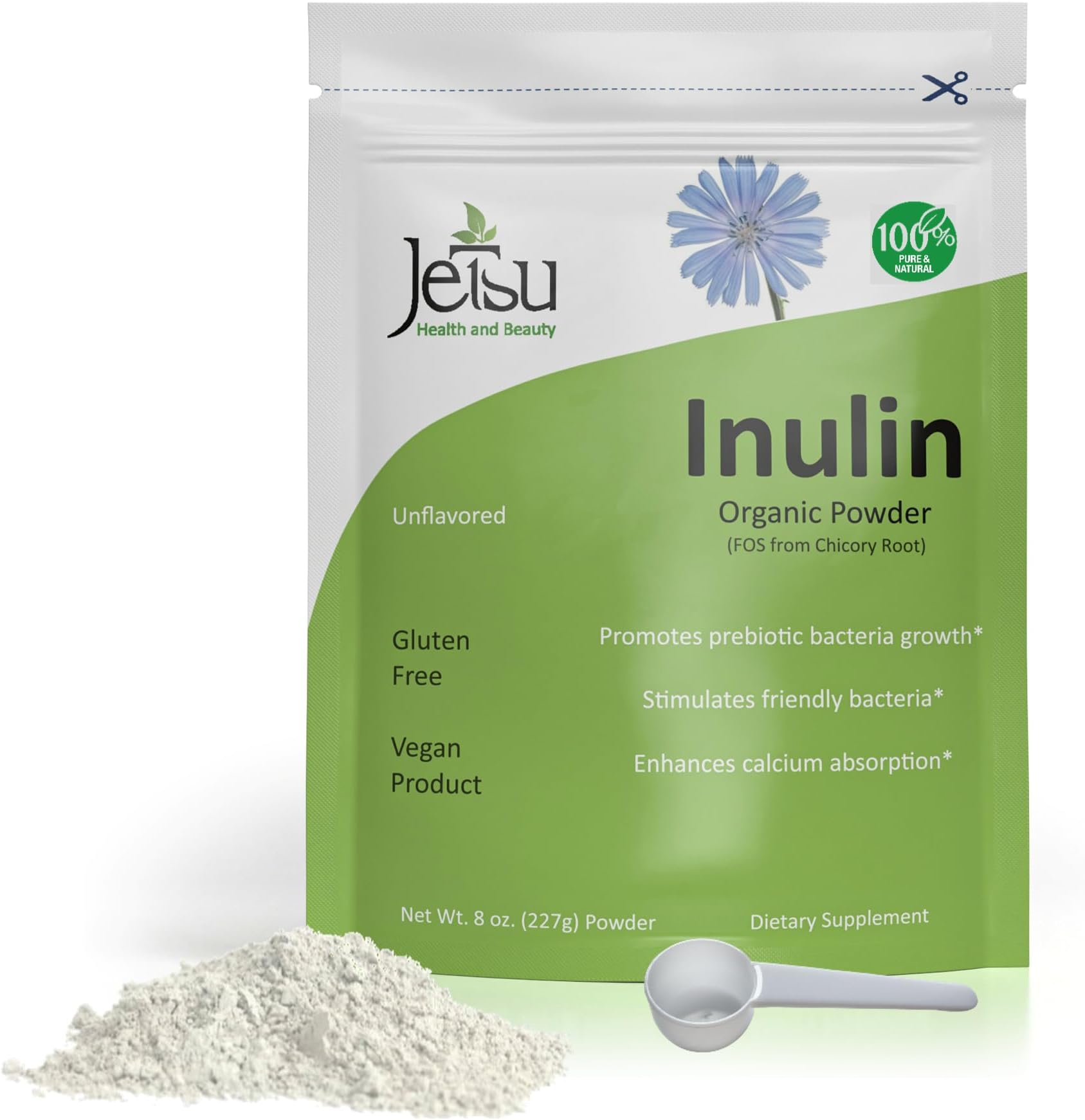Inulin Powder Organic Chicory Root (FOS) - Soluble Inulin Fiber Prebiotic Intestinal Support, Enhances Calcium Absorption, Stimulates Friendly Bacteria, Promotes Prebiotic Growth, 8oz