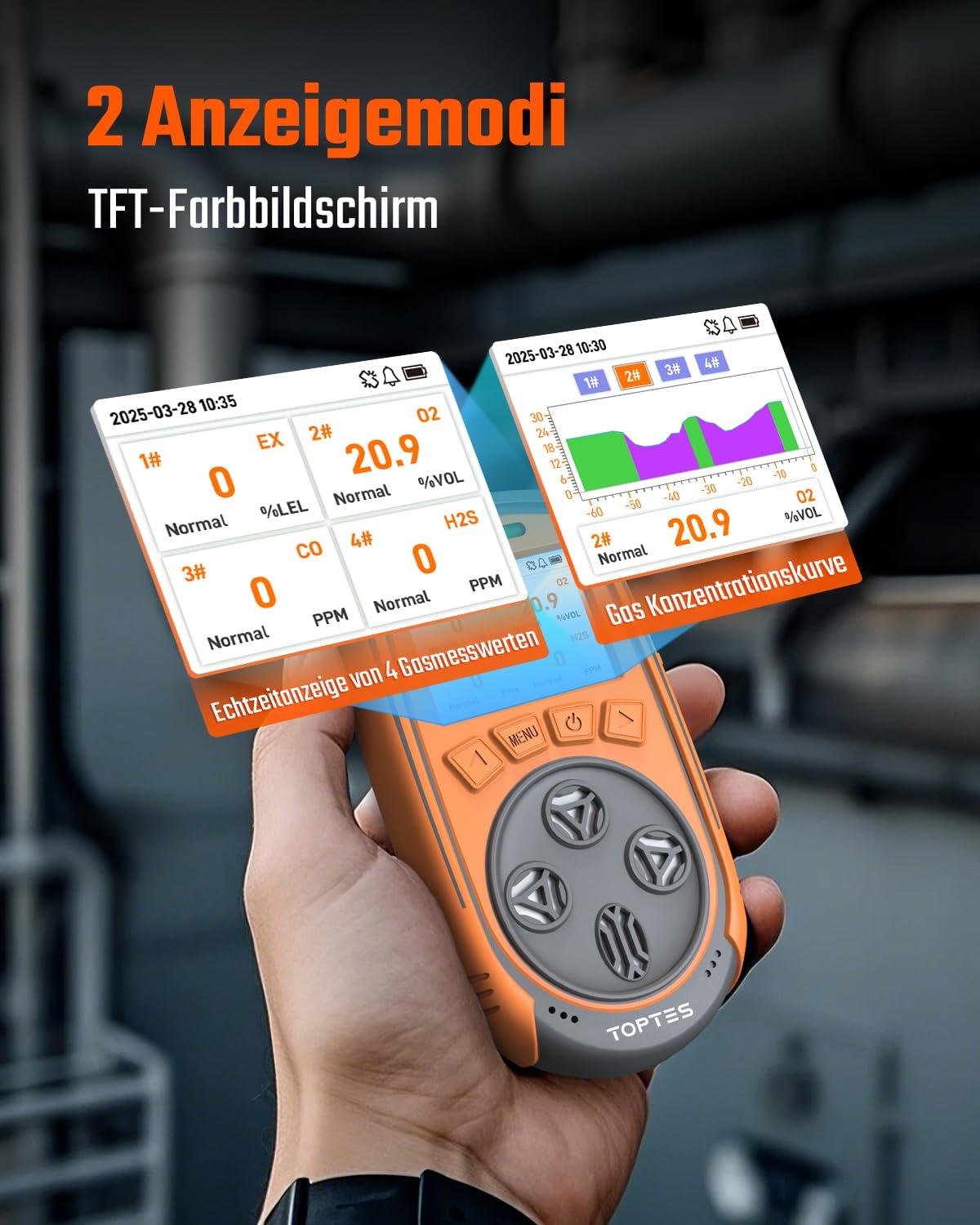 TopTes Guard-863Pro 4-Gas-Messgerät für H₂S, CO, LEL und O₂, mit TFT-Farbdisplay, verbessertem O₂-Sensor (5 Jahre Lebensdauer), USB-Datenausgabe, 18 Std. Akkulaufzeit, zuverlässig für Arbeit & Zuhause