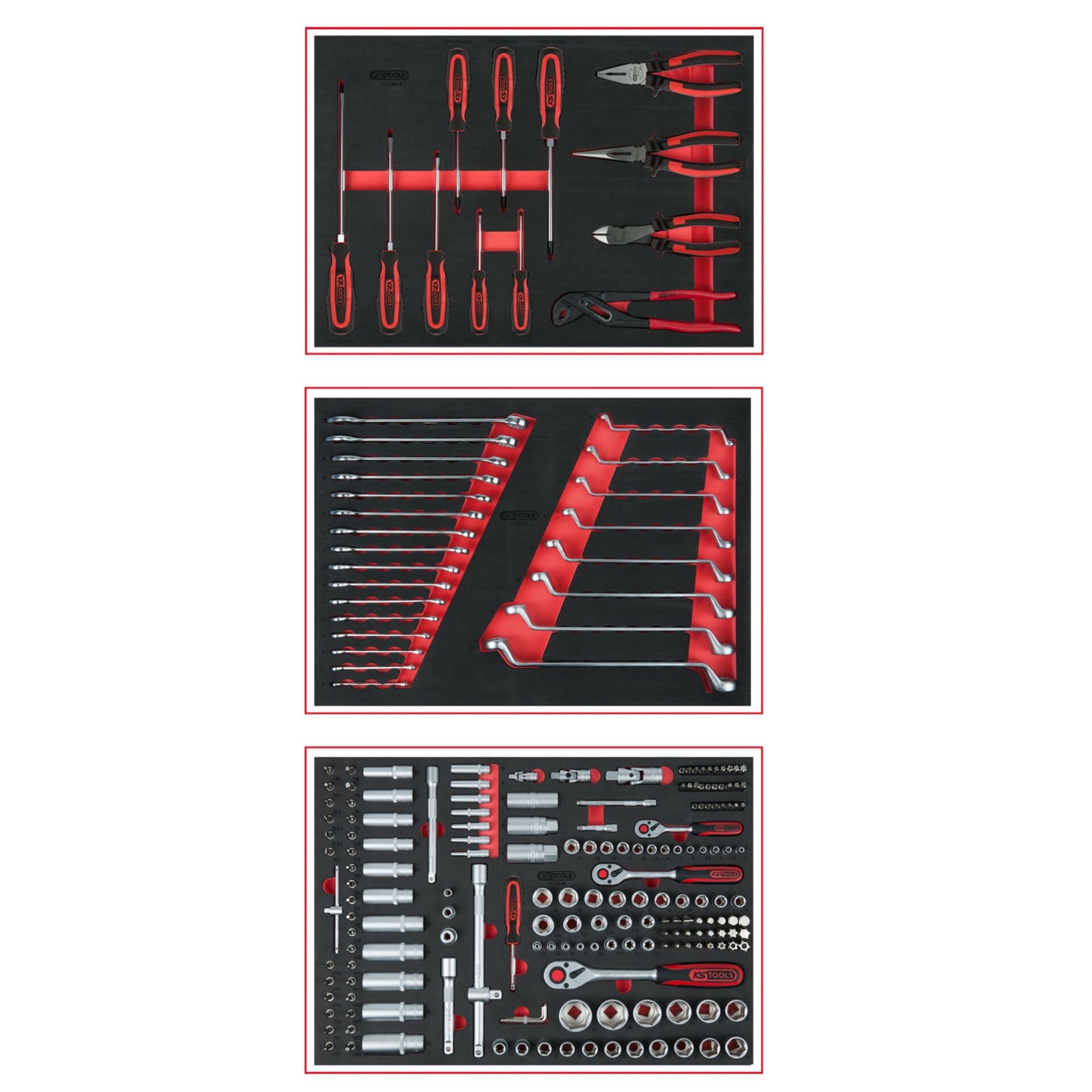 Jeu d'inserts pour 3 tiroirs KS TOOLS comprenant 215 outils complets de serrage