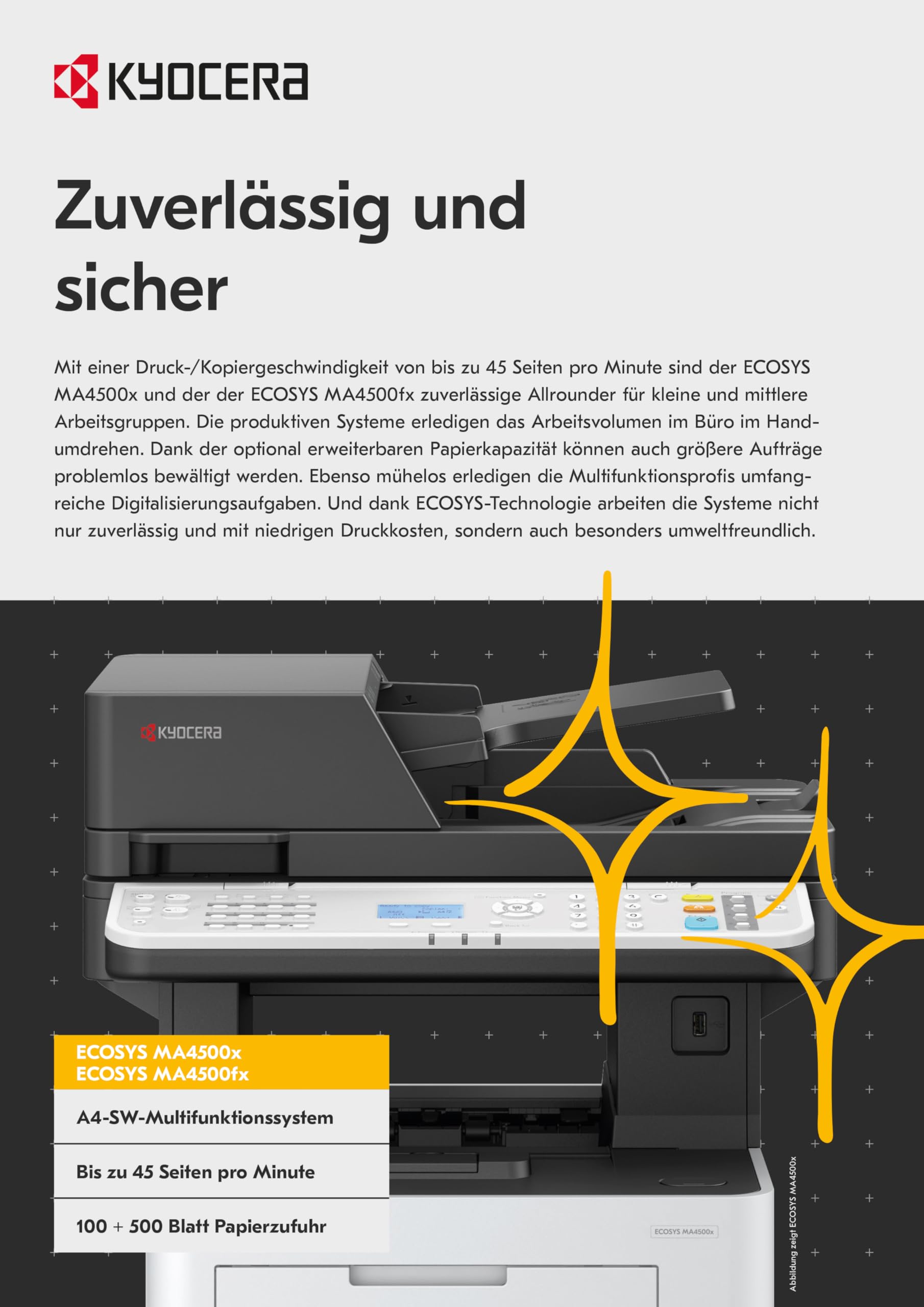 Kyocera Ecosys MA4500x Multifunktionsdrucker Schwarz Weiss, Duplex-Einheit, 45 Seiten pro Minute Drucker Scanner Kopierer, 100+500 Blatt Zufuhr, Gigabit LAN, Mobile Print