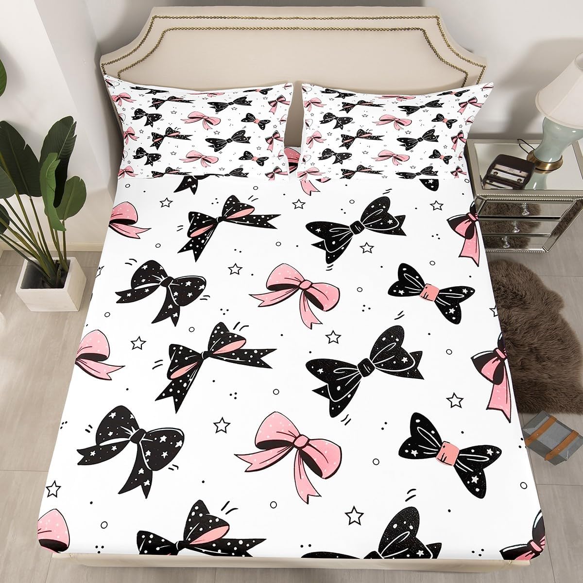 Feelyou Bowknot Decoration Bed Sheets Queen Size for Girls Dreamy Princess Style Kids Bedding Set Watercolor Pink Black Bow Sheets Set Girly Kawaii Fitted Sheet with 2 Pillowcases image 2