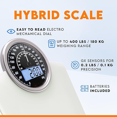 Miniatura 2 de ZENO Báscula de pesaje analógica y digital híbrida 2 en 1 para peso corporal de hasta 400 libras, vidrio templado grueso, pantalla extragrande,