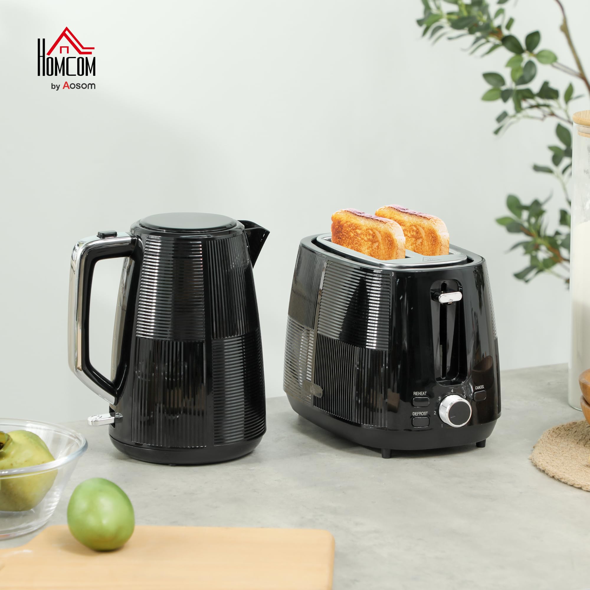 HOMCOM Bouilloire électrique Set grille-pain 2200 W 1,7 litre Bouilloire électrique Double fente Set petit-déjeuner avec filtre anticalcaire, 7 niveaux de torréfaction, fonction décongélation &