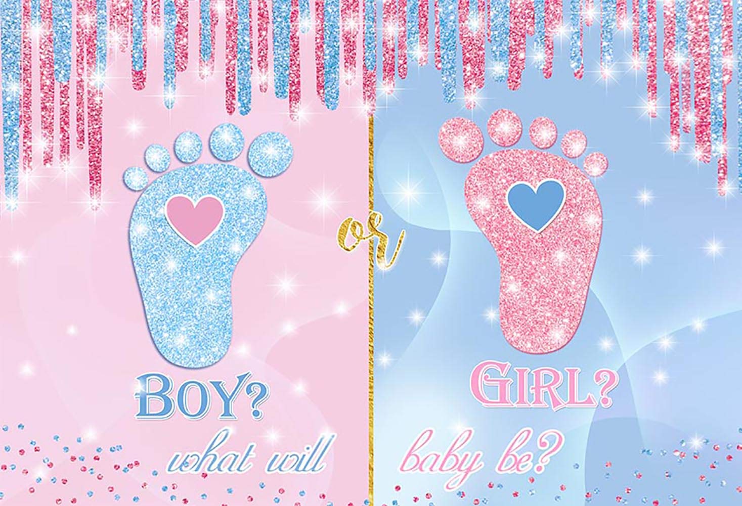 MEHOFOND Little Feet Gender Reveal Backdrop Sweet Heart Pink or Blue Gillter Baby Shower Party Decoration Girl or Boy Photography Background Banner of Cake Table Photo Studio Props Vinyl 7x5ft