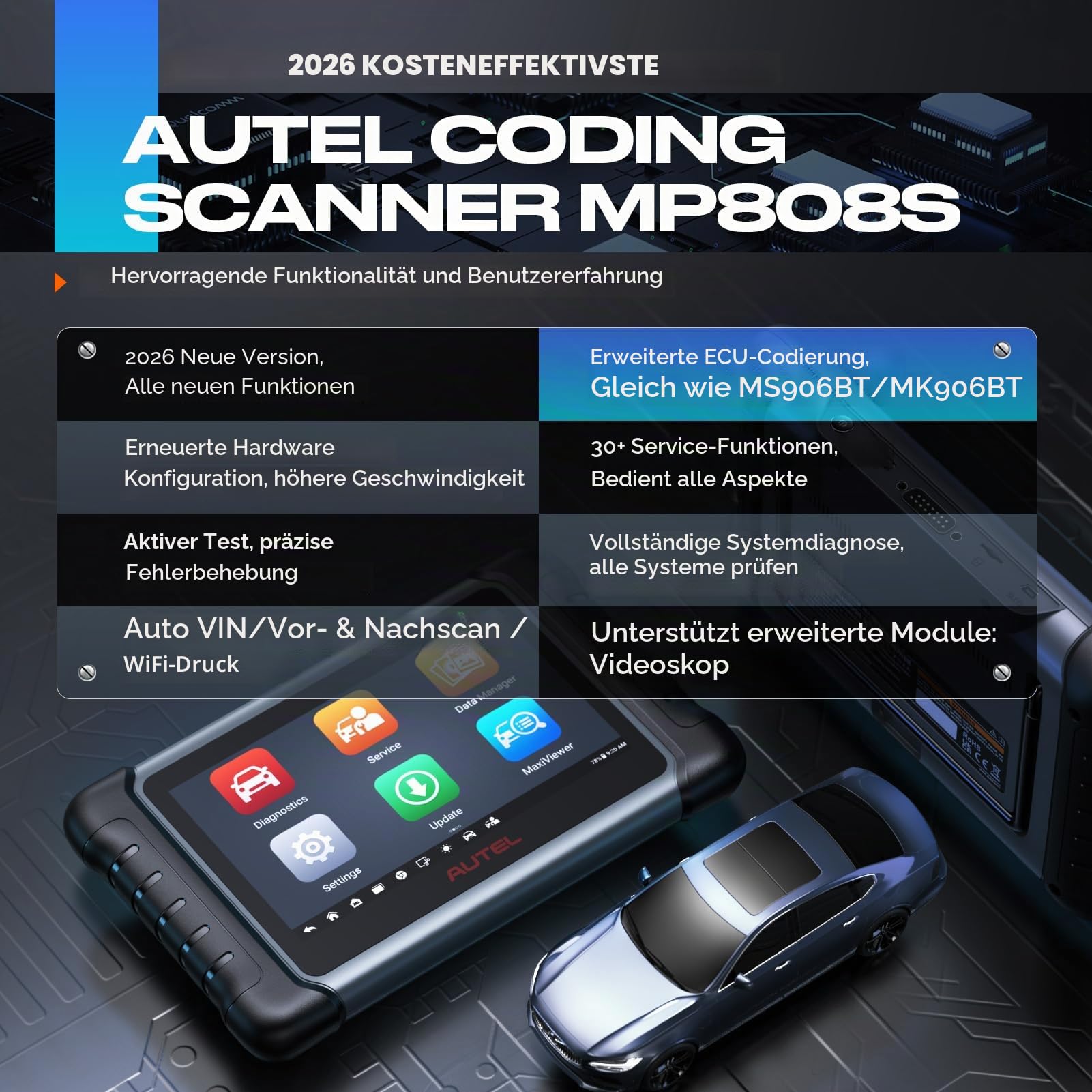 Autel MaxiPRO Scanner MP808S Diagnosegerät Auto, 2026 Bidirektionale 2-Jahre-Update Upgrade von MK808S MX900 MK900BT MP808BT PRO, ECU-Codierung wie MS906S/MP900-BT, Aktiver Test, Alle Systemdiagnose