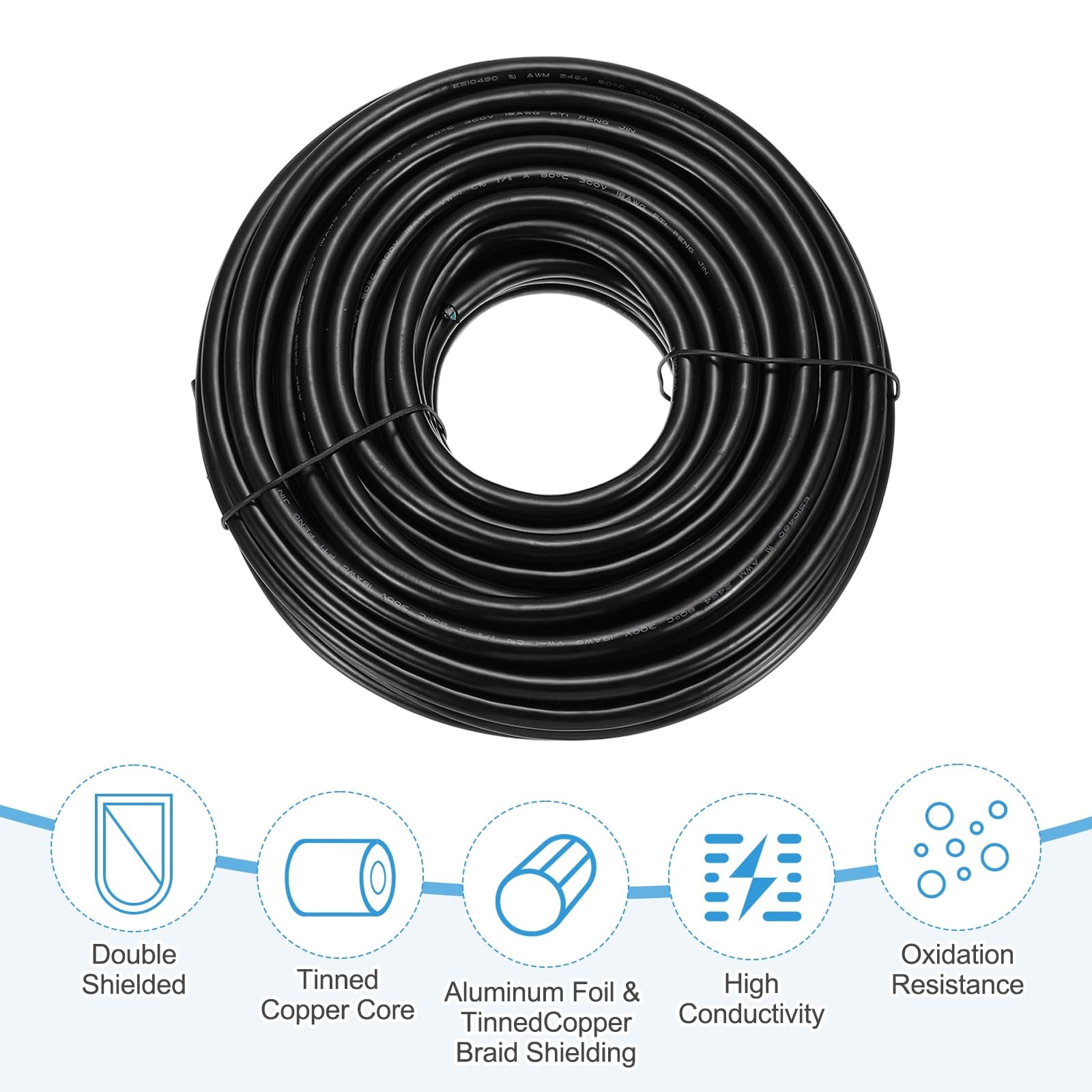 sourcing map 1 cavo schermato UL2464, 18 AWG, 15,24 m, 300 V, 5 conduttori, in PVC, con schermatura a doppio strato per elettrodomestici, cablaggio automobilistico