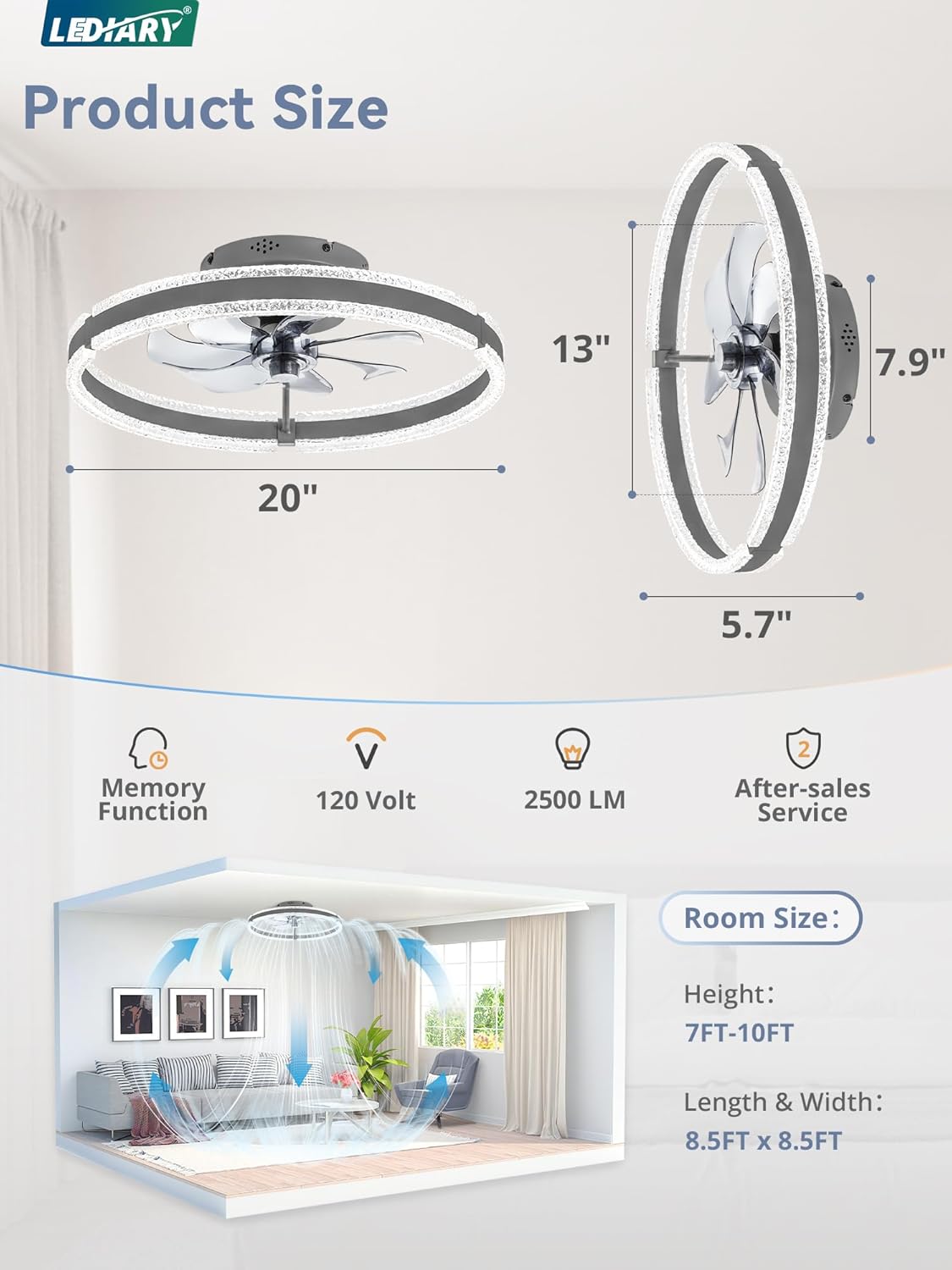LEDIARY ceiling fan product dimensions and recommended room size