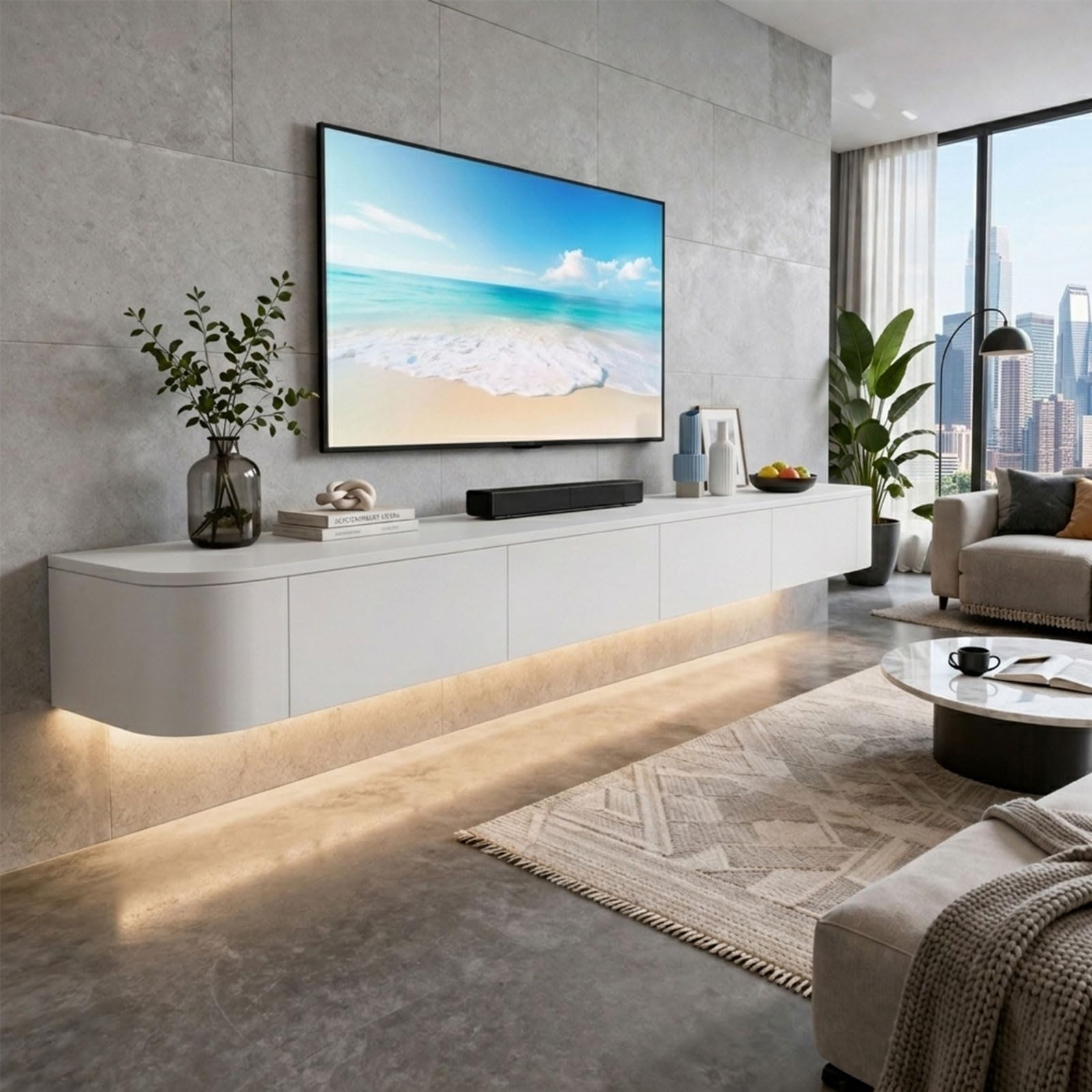 Floating TV Stand Wall Mounted Modern Floating Media Console With Storage Cabinets And Cable Management For Living Room Bedroom Wall Mounted TV Console Entertainment Center(Natural Oak LED,240cm)
