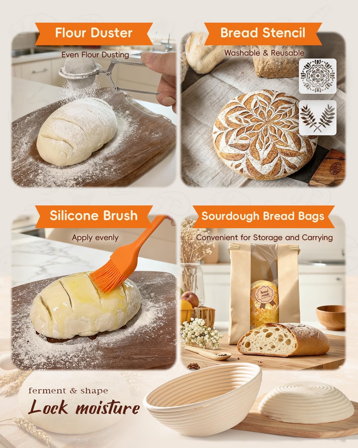 Complete Sourdough Starter Kit for Beginners & Bakers | Sourdough Bread Baking Supplies with Round Banneton Bread Proofing Basket, Bread Sling, Starter Jar, Dough Whisk, Scrapers, Bag & Manual